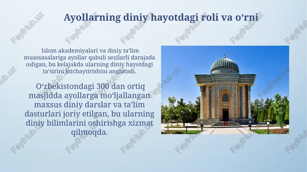 t qilmoqda. madaniy merosimizni diniy jihatdan oʻrganish madaniy merosimizni diniy jihatdan oʻrganishda 150 dan ortiq qoʻlyozma manbalar, jumladan, 50 dan ziyod qurʼon nusxalari tahlil qilinmoqda, bu islom tarixi va madaniyatiga chuqur tushuncha beradi. taxminan 30 dan ortiq olimlar va mutaxassislar jamoasi, tarixchilar va islomshunoslar bilan birgalikda, madaniy merosdagi diniy elementlarni ilmiy jihatdan o‘rganish va talqin qilishga qaratilgan keng ko‘lamli tadqiqotlar olib bormoqda. diniy tashkilotlarning faoliyati va nazorati din erkinligiga oid qonunchilikka muvofiq, 500 dan ortiq masjid va ibodatxonalarni qurish va rekonstruktsiya qilishga ruxsat berilgan, biroq bu jarayonda xavfsizlik va qonuniylik talablariga rioya etilishi ta'minlanmoqda. 2023 yildan buyon 100 dan ortiq diniy tashkilot davlat ro'yxatidan o'tkazilgan bo'lib, ularning faoliyati qat'iy nazorat qilinadi va hisobotlari muntazam ravishda taqdim etiladi. millatlararo va konfessiyalararo totuvlikni mustahkamlash davlat tomonidan qo'llab-quvvatlanayotgan 100 dan ortiq diniy ta'lim muassasasi yoshlarning diniy savodxonligini oshirish va radikal g'oyalarga qarshi kurashishda muhim rol o'ynamoqda. millatlararo va konfessiyalararo totuvlikni mustahkamlash maqsadida o'zbekistonda …