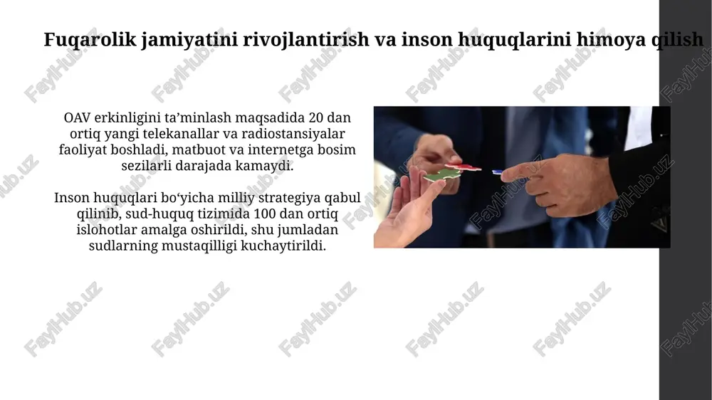 hududlardagi muammolarni hal qilishda sezilarli darajada kuchaydi. mirziyoyev davrida o'zbekistonning tashqi siyosati 15 dan ortiq davlat bilan strategik sheriklikni o'z ichiga olgan holda sezilarli darajada diversifikatsiyalandi. iqtisodiyotni erkinlashtirish va xususiylashtirish davlat korxonalarining 70% dan ortig'i xususiylashtirildi yoki aksiyadorlik jamiyatlariga aylantirildi, bu iqtisodiyotni erkinlashtirishga va raqobatni kuchaytirishga yordam berdi. 2017-yildan buyon soliq tizimi soddalashtirildi va soliq stavkalari pasaytirildi, bu kichik va o'rta biznesning rivojlanishiga ijobiy ta'sir ko'rsatdi va investitsiyalarni jalb qilishni osonlashtirdi. madaniyat va san'atni rivojlantirish madaniyat sohasiga 2022-yilda davlat byudjetidan 1 trillion so'mdan ortiq mablag' yo'naltirildi, bu san'at va madaniy meros obyektlarini ta'mirlash va rivojlantirishga sarflandi. mirziyoyev davrida 100 dan ortiq yangi madaniyat markazlari va kutubxonalar qurildi, bu esa aholining madaniy ehtiyojlarini qondirishga xizmat qiladi. mirziyoyev davridagi islohotlarning asosiy yo'nalishlari davlat boshqaruvi samaradorligini oshirish maqsadida byurokratiyani qisqartirishga qaratilgan 20 dan ortiq chora-tadbirlar, jumladan, elektron hukumat tizimini joriy etish amalga oshirildi. mirziyoyev davrida 5 ta strategik yo‘nalish bo‘yicha 100 dan ortiq …