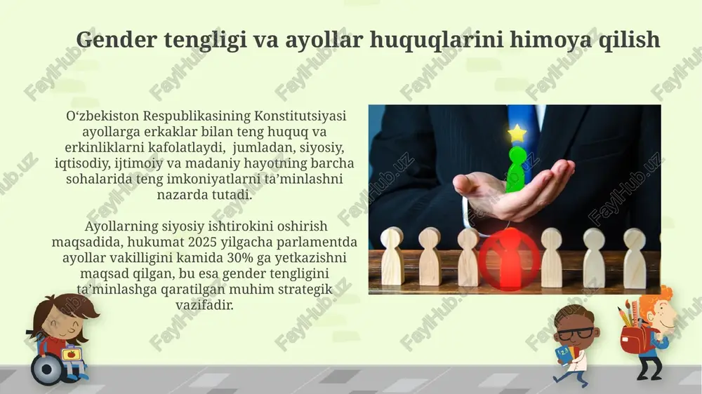 qali oʻzbekiston xalqaro huquq normalariga mos ravishda kamida 5 ta asosiy huquq va erkinliklarni himoya qilish mexanizmlarini joriy etdi, ularning samaradorligini kuchaytirish boʻyicha ishlar davom etmoqda. oʻzbekiston 1992-yilda bmtning inson huquqlari boʻyicha butunjahon deklaratsiyasi va boshqa 10 dan ortiq xalqaro shartnomalarga qoʻshildi, bu uning xalqaro huquq normalariga rioya qilish majburiyatini koʻrsatadi. e'tiboringiz uchun rahmat @taqdimot_robot image6.jpg image7.jpg image8.jpg image9.jpg image10.jpg image11.jpg image12.jpg image13.jpg image14.jpg image1.png
