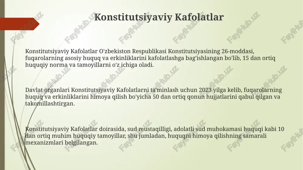 o'rib chiqilgan ishlarning 85% dan ortig'i fuqarolarning huquqiy himoyasi bilan bog'liq bo'lib, bu tizimning samaradorligini ko'rsatadi. jinoyat kodeksidagi 100 dan ortiq moddalar qayta ko'rib chiqilib, inson huquqlarini himoya qilish mexanizmlari kuchaytirildi. e'tiboringiz uchun rahmat @taqdimot_robot