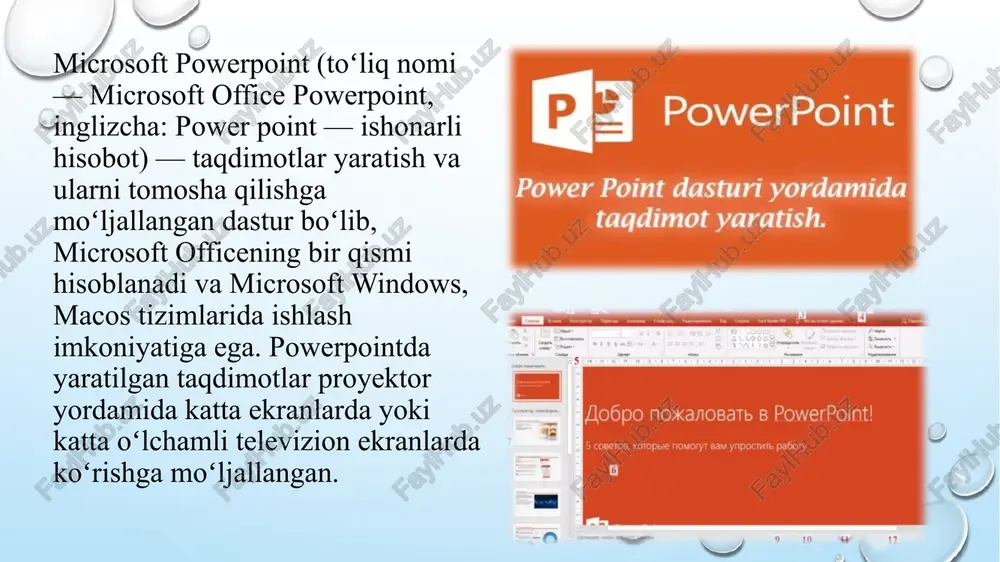 qdimotchiga yordam beradi). - ovozli taqdimotlar tayyorlash. - pptx, pdf, video (mp4), rasm formatlari (jpg, png) ga eksport qilish. - bulutda saqlash (onedrive, sharepoint). grafik dizaynlar orqali taqdimot tayyorlash taqdimot tayyorlashda avval biz dizayn bo’limidan shablon tanlashimiz kerak. tanlangan dizaynimizga mavzuga doir ma’lumotlarni kiritishni boshlaymiz.keyingi sahifaga o’tish uchun rasmda ko’rsatilgan bo’limni tanlaymiz ma’lumotlarimizni tushunarli ko’rsatish maqsadida grafik usulidan foydalanamiz.buning uchun “vstavka” bo’limidan “figuri” yoki “smartart” ni tanlaymiz 3.powerpoint dasturida rasm , ovozlar va animatsiyalar yozish. animatsiya - bu slaydlarni namoyish qilish va ko'rsatishda ularni samaradorligini oshiruvchi tovush, rang, matn va harakatlanuvchi effektlar va ularni yig'indisidan iborat. tarqatma material deb namoyish slaydlarini bitta sahifaga ikki, to'rt yoki oltitadan qilib chop etib anjuman qatnashchilarga tarqatish uchun tayyorlangan materialga aytiladi.slaydlarga ms power point 2010da mavjud bo'lgan ma’ruza mavzusiga mos fon tasviri uchun mo'ljallangan dizayn mavzusi yoki ranglar jilosi o'rnatish orqali taqdimotni boytish mumkin. yaratilgan taqdimotni ms power point 2010 va undan avvalgi laxjalarida …
