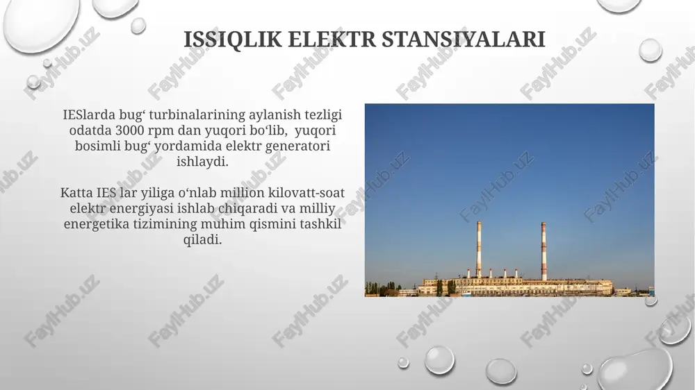 rning qurilishi va ekspluatatsiyasi yuqori xarajatlarni talab qiladi. yoqilg'i resurslarining ekologik ta'siri yoqilg'i resurslarining yonishi natijasida yiliga 30 milliard tonnadan ortiq karbonat angidrid gazlari atmosferaga chiqariladi, bu global isishning asosiy sabablaridan biri hisoblanadi. ko'mir va neft kabi an'anaviy yoqilg'ilarning qazib olinishi va qayta ishlanishi jarayonida 20% gacha atrof-muhit ifloslanishiga olib keladigan chiqindilar hosil bo'ladi. gidrostantsiyalar gidrostantsiyalar suvning potentsial energiyasini elektr energiyasiga aylantirishda 80-90% samaradorlikka erisha oladi, bu esa boshqa energiya manbalariga nisbatan ancha yuqori ko'rsatkich hisoblanadi. to'g'onlarning balandligi va suv oqimining hajmi gidrostantsiyaning quvvati va ishlab chiqarish hajmini aniqlaydi, masalan, 100 metrli to'g'on 100 mvt dan ortiq elektr energiyasi ishlab chiqarishi mumkin. e'tiboringiz uchun rahmat @taqdimot_robot image3.png image4.jpg image5.jpg image6.jpg image7.jpg image8.jpg image9.jpg image10.jpg image11.jpg image12.jpg image13.jpg image14.jpg image15.jpg image1.png