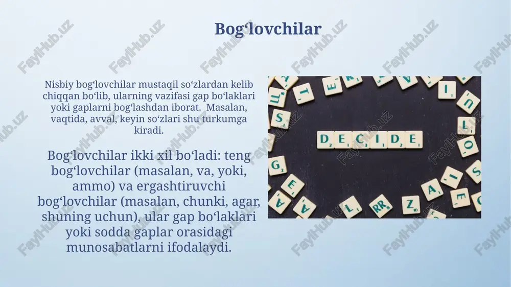 ham qoʻllanilishi mumkin. nisbiy yordamchi soʻzlar boshqa soʻz turkumlaridan kelib chiqqan boʻlib, oʻzining grammatik vazifasini bajaradi. masalan, "yolgʻiz" sifati, "avval" ravishi yordamchi soʻz vazifasida keladi. yuklamalar ba'zi yuklamalar, masalan, "go'yo", "xuddi", o'xshatish ma'nosini bildirib, o'zidan oldingi so'z yoki so'z birikmasini boshqasiga qiyoslaydi, bu esa ularning funksiyasini yanada murakkablashtiradi. yuklamalar 3 ta asosiy guruhga: qo'shimchasimon (masalan, -mi, -chi), sof (masalan, faqat, axir) va nisbiy (masalan, yolg'iz, ba'zan) yuklamalarga bo'linadi, ularning har biri o'ziga xos morfologik va sintaktik xususiyatlarga ega. sof yordamchi soʻzlar ushbu soʻzlarning ma'noviy nomustaqilligi past boʻlib, mustaqil soʻzlar bilan birikkan holda grammatik munosabatlarni ifodalaydi, masalan, "kitob uchun", "men bilan", "faqatgina sen". sof yordamchi soʻzlarning grammatik vazifasi mustaqil soʻzlarga bogʻliq boʻlib, ular 2 ta grammatik funksiyani (masalan, toʻldiruvchi va hol) bir vaqtning oʻzida ifodalashi mumkin emas. e'tiboringiz uchun rahmat @taqdimot_robot image4.png image5.jpg image6.jpg image7.jpg image8.jpg image9.jpg image10.jpg image11.jpg image12.jpg image13.jpg image14.jpg image15.jpg image3.jpeg