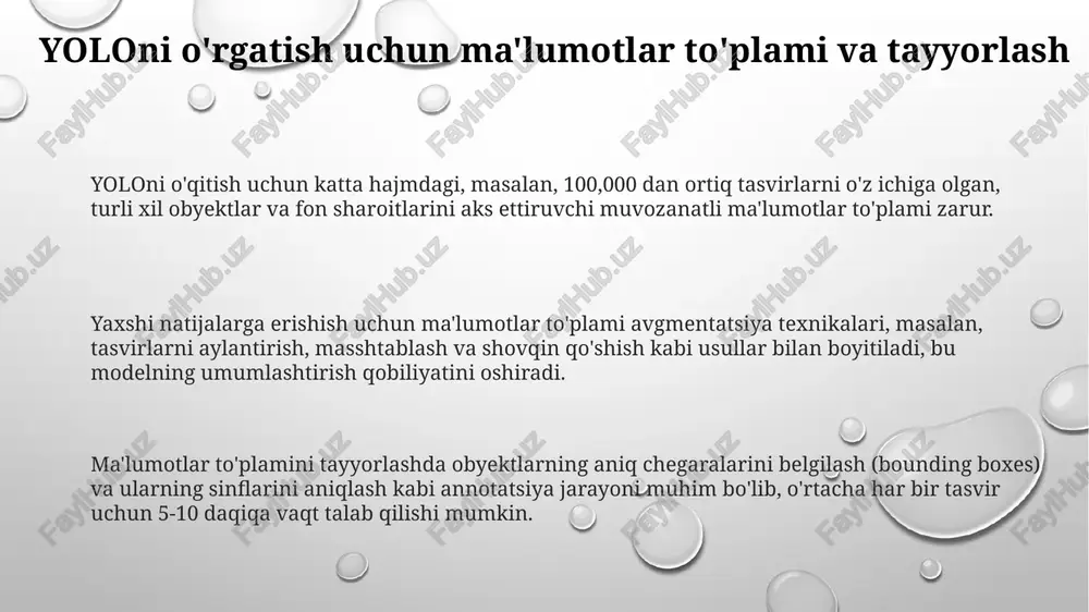ati aniqroq aniqlashni bildiradi. yolo modellari ob'ektlarni aniqlash uchun 3x3 yoki undan katta gridga tasvirni bo'lib, har bir hujayra ichidagi ob'ektlarning chegaralarini va sinf ehtimolligini bashorat qiladi. yolov5, yolov7 kabi turli xil yolo modellari, o'ziga xos xususiyatlarga ega bo'lib, 80 dan ortiq ob'ekt sinfini aniqlash imkoniyatiga ega. ularning arxitekturasi va o'qitish usullari farq qiladi. yolov1 dan yolov8 gacha bo'lgan rivojlanish yolov1 ning 7x7 gridli deteksiya usuli, yolov8 dagi 80 dan ortiq sinflarni aniqlash qobiliyati bilan solishtirganda, ob'ektlarni aniqlash aniqligi va tezligida sezilarli farqni ko'rsatadi. yolov2 da anchor boxlarning qo'shilishi va yolov3 da multi-scale predictionning joriy etilishi modelning kichik ob'ektlarni aniqlashdagi ishlashini sezilarli darajada yaxshiladi. yolov5 ning o'zgaruvchan model hajmi va yolov8 ning o'zgaruvchan arxitekturasi kabi xususiyatlar, turli quvvatli qurilmalar uchun moslashuvchanlikni ta'minlaydi. e'tiboringiz uchun rahmat @taqdimot_robot image1.png image2.png image3.png
