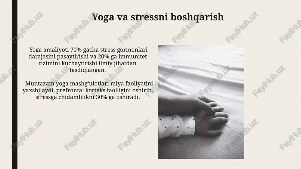 avvuri yoga amaliyotlari orqali 30% ga yaxshilanadi, bu esa postural nazoratni va harakatlarni muvofiqlashtirishni yaxshilaydi. yoga mashg‘ulotlari miyaning prefrontal korteksini faollashtirib, diqqatni jamlash va emotsional regulyatsiyani 20% ga oshiradi. yoga va o'ziga ishonch asanalarni bajarish jarayonidagi muvaffaqiyatlar, tananing o'zgarishlari va ruhiy barqarorlik 5-htp (serotonin prekursor) darajasini oshirib, o'zgaga bo'lgan ishonchning ortashiga sabab bo'ladi. yoganing pranayama (nafas olish mashqlari) texnikalari stress gormonlari (kortizol) darajasini 40% gacha pasaytirib, o'z-o'ziga bo'lgan ishonchni kuchaytiruvchi samara beradi. e'tiboringiz uchun rahmat @taqdimot_robot image1.jpg image2.jpg image3.jpg image4.jpg image5.jpg image6.jpg image7.jpg image8.jpg image9.jpg image10.jpg image11.jpg image12.jpg