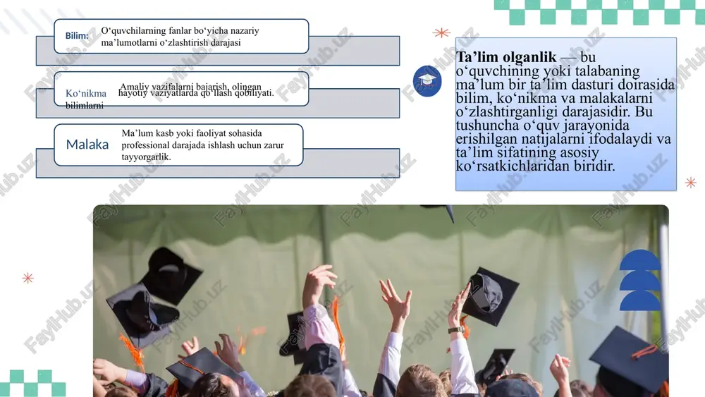 belgilab beradi, yo’l qo’yilgan kamchilik va nuqsonlarni bartaraf etishga yo’l ochadi, pirovard natijada ta'limning takomillashib borishiga ijobiy ta'sir qiladi. pedagogik diagnostika tarixiga nazar tashlasak o’tgan asrlarda u faqat o’quvchi bilimini baholash orqali amalga oshirilganini kuzatamiz. unga 1864 yilda aksh olimlari d.fisher va r.resslar asos solganlar, 1908 yildan boshlab esa, olim t.stoun arifmetikadan test orqali o’quvchi bilimini sinash tizimini tadbiq etgan. bilim darajasini aniqlaydi – o‘quvchi dastur talablariga qay darajada javob berishini ko‘rsatadi. ta’lim jarayonidagi kamchiliklarni topadi – o‘quv jarayonida qaysi bosqichda muammolar borligini bilish imkonini beradi. o‘quvchilar individual rivojlanishini kuzatadi – har bir o‘quvchining o‘ziga xos o‘qish sur’ati va uslubi aniqlanadi. metodik yondashuvni takomillashtiradi – tahlil asosida o‘qituvchi dars berish usullarini, o‘qitish vositalarini o‘zgartiradi yoki yangilaydi. ta’lim olganlik darajasini tahlil qilish — bu o‘quvchilar tomonidan o‘zlashtirilgan bilim, ko‘nikma va malakalarni chuqur o‘rganish, ularning sifatini baholash jarayonidir. natijalarni tahlil qilish orqali o‘qituvchi quyidagi maqsadlarga erishadi: shunday qilib, natijalarni tahlil qilish ta’lim …