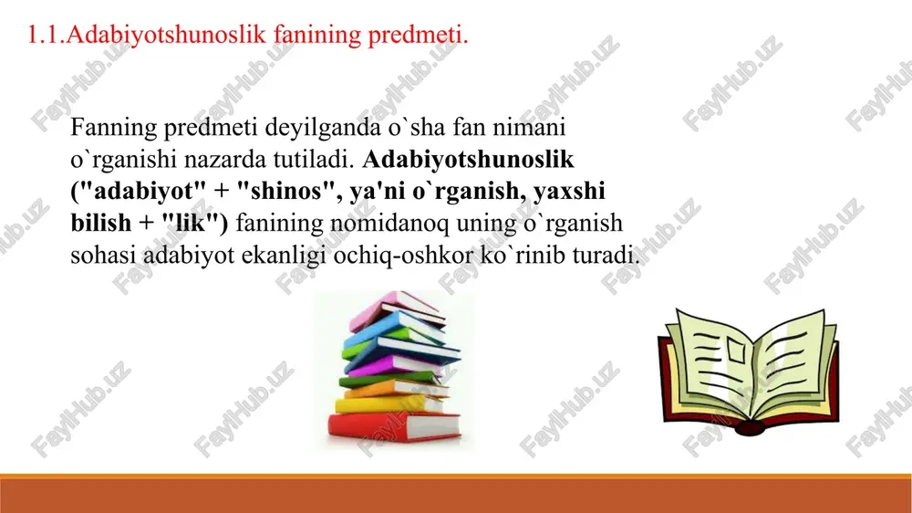 , ularning faoliyati uchun zarur bo`lgan muayyan amaliy vazifalarni bajarish bilan shug`ullanuvchi matnshunoslik, manbashunoslik, kitobiyot (bibliografiya) kabi qator yordamchi sohalar ham mavjud. 1.3.adabiyotshunoslikning yordamchi sohalari. matnshunoslik bobidagi ilmiy izlanishlarning oxir natijasi adabiyot tarixi va nazariyasi uchun manbaviy asos yaratib berish bo`lganligidan unga adabiyotshunoslikning yordamchi sohalaridan biri sifatida qarab kelinadi. adabiy matnlarni o`rganish va nashrga tayyorlash matnshunoslikning vazifasidir. matnshunoslikning vazifasini juda qisqa ifodalagan bo`lsak-da, uning amalga oshirilishi juda katta mehnatni, chuqur bilim va tajribani talab qiladi adabiy matnni o`rganayotgan matnshunos oldida turli-tuman ilmiy muammolar ko`ndalang bo`ladi. deylik, matnshunos muallifi noma'lum asar(matn)ga duch keldi. bu holda u matn muallifini, yoshini (yozilgan, ko`chirilgan vaqti) aniqlashi zarur bo`ladi. buning uchun esa u, tabiiyki, adabiyot tarixi, til tarixi, manbashunoslik, uslubshunoslik kabi sohalardan yaxshi xabardor bo`lishi va ularga tayangan holda matnni tadqiq etishi lozim bo`ladi bu o`rinda "manba" deyilganda adabiyotshunoslikka oid tadqiqotlarda qo`l kelishi mumkin bo`lgan barcha manbalar tushuniladi: asar qo`lyozmalari, ijodkorlarning xatlari, kundalik daftarlari, adabiy …
