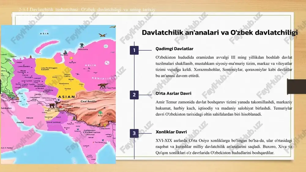 kllari sharqiy agrar viloyatlarda ulkan inshootlar qurilishi bilan bogmanadi. psixologiya nazariyasi. tarafdorlari: l.petrajetskiy, z.freyd, g.trad. bu nazariya tarafdorlari davlatning paydo bo‘lishini inson psixologiyasi, shaxsning jamoada yashashga ehtiyoji, obromi kishilarni izlash, buyruq berish va itoat istagi bilan izohlaydilar. sinfiy nazariya. tarafdorlari: k.marks, f.engels, v.lenin, g.plexanov. bu nazariyaga ko‘ra, sinflar paydo bo‘lishi va ular o‘rtasida sinfiy kurash keskinlashuvining yakunidir. davlat bir sinfning boshqa sinf ustidan hukmronlik qurolidir. 2-3.1.davlatchilik tushunchasi. o‘zbek davlatchiligi va uning tarixiy bosqichlari. «avesto» ma'lumotlariga ko‘ra, o‘rta osiyoda jamiyatning asosini katta patriarxal oilasi tashkil etgan. bu «nmana» deb atalgan. shunday oilaning bir nechtasi urug‘ jamoasini — «vis»ni tashkil etgan. hududiy qo‘shnichilik jamoasi «varzana» deb atalgan. bunday jamoalar birlashib qabilani — «zantu» ni tashkil etgan. qabilalar o‘rtasida muntazam kelishmovchiliklar bo‘lib turgan. o‘z hududlarini himoya qilish maqsadida bir necha yirik qabilalar muayyan hudud (viloyat) da birgalashib yashaganlar. bu birlashma dahyo(yu) degan nom olgan. bu viloyatlarni boshliq («qavi») boshqargan. qadimiy yozma manbalarda o’zbekiston …