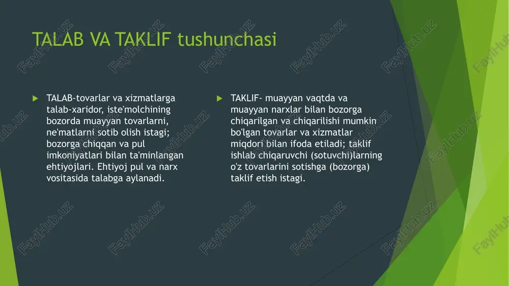 keladi bozordagi narx ozgarishining kutishi kelgusida mahsulot narxi o'zgarishining kutilishi ham ishlab chiqaruvchining bugungi kundagi bozorga mahsulot yetkazib berish xohishiga ta'sir ko'rsatishi mumkin. bozor muvozanati  talab miqdori bilan taklif miqdori bir-biriga teng bo'lgan holat bozor muvozanati deyiladi. bozor muvozanati vujudga kelgan holda shakllangan narx bozor narxi deyiladi. ba'zan uni muvozanatlashgan narx deb ham yuritiladi. bozor muvozanati p d s q taqchilik ortiqcha ishlab chiqarish talab va taklif miqdori bir-biriga teng bo'lgandagi bozor muvozanatini vujudga kelishini chizmada ko'rishimiz mumkin bozor muvozanatigą oid masalalarni hisoblash reja 1. muvozanat narxni hisoblang. 2. muvozanat miqdorni hisoblang. 3. bozor muvozanatini hisoblang muvozanat narxni hioblang talab va taklif funktsiyalari quyidagicha berilgan: talab funksiyasi: qd = 100 - 2p taklif funksiyasi: qs = 20 + 3p muvozanat narxini topish: muvozanat narxidagi talab va taklif o'rtasida tenglik bo'lishi kerak: qd = qs. 1.tenglama tuzing: 100-2p=20+3p 2. p ni yeching: 100-20=3p+2p p = 16 muvozanat miqdorini aniqlang: har …