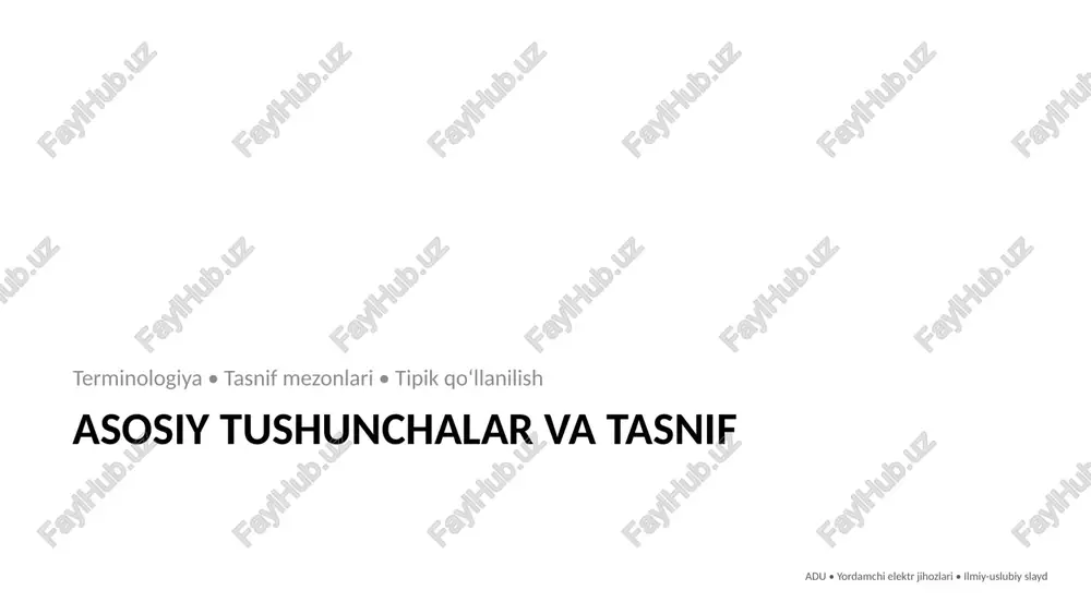 hirgich (mcb/mccb): termik–magnit himoya qoldiq-tok qurilmalari (rcd/rcbo): insonni ur tokidan himoya qilish tanlash mezonlari: in, icu/ics, selektivlik va koordinatsiya adu • yordamchi elektr jihozlari • ilmiy-uslubiy slayd o‘lchov va nazorat asboblar: ampermetr, voltmetr, vattmetr, klemmali tok o‘lchagich multimetr va osiloskop: kuchlanish/tok/tovush chastotalari tahlili datchiklar: harorat (pt100/termistor), bosim, daraja, yaqinlik (induktiv/optik) kalibrlash va izlenebilirlik: qiyoslash rejalari adu • yordamchi elektr jihozlari • ilmiy-uslubiy slayd konstruksiya, ekspluatatsiya, sinov simlash • shchitlar • profilaktika • diagnostika adu • yordamchi elektr jihozlari • ilmiy-uslubiy slayd tarqatish va boshqaruv shchitlari konstruktiv elementlar: din-rels, klemnik, kabel kanali, shina issiqlik rejimi: ventilyatsiya, issiqlik tarqalishi, komponent joylashuvi markirovka va hujjatlashtirish: sxemalar, kabellar, qopqoqlar modullilik va servisga qulaylik adu • yordamchi elektr jihozlari • ilmiy-uslubiy slayd texnik xizmat va sinov usullari vizual tekshiruv: kuyish, oksidlanish, bo‘shagan vintlar izolyatsiya qarshiligi o‘lchovi (megger), yerga ulash qarshiligi yuklama ostida test: qizish, titrash, shovqin, samaradorlik nosozliklarni izlash: sabab–belgi–yechim algoritmi adu • yordamchi elektr …