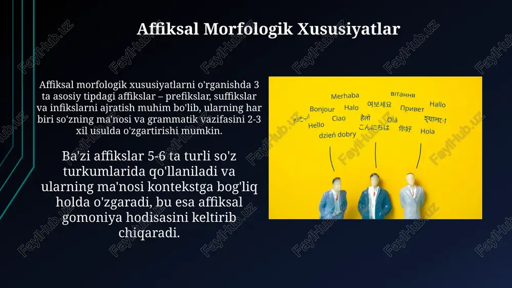 " dan) kabi 20 dan ortiq bunday affiks mavjud. affiksal polisemiya ba’zi qo‘shimchalarning polisemiyasi ularning tarixiy rivojlanishi bilan bog‘liq bo‘lib, vaqt o‘tishi bilan ma’nolarining kengayishi yoki torayishiga olib kelishi mumkin, bu esa 2 yoki undan ortiq ma’no variantlarini keltirib chiqaradi. affiksal polisemiya, bir morfema (qo‘shimcha)ning ikki yoki undan ortiq o‘zaro bog‘liq, lekin bir-biridan farq qiluvchi ma’nolarini ifodalashini bildiradi, masalan, "-chi" qo‘shimchasi 1) kasb-hunarni (o‘qituvchi), 2) shaxsni (qizaloqchi) ifodalaydi. affiksal sinonimiya ba'zi hollarda 2 ta qo‘shimcha, masalan, -lik va -chilik, o'zaro sinonim bo'lib, ularning grammatik funksiyalari va ma'nolari o'xshash, biroq nozik farqlar mavjud bo'lishi mumkin. qo‘shimchalarning sinonimligi so‘zlarning ma'noviy boyligini oshiradi va ularning stilistik imkoniyatlarini kengaytiradi, 3 tadan ortiq sinonim qo'shimchalar kam uchraydi. affikslarning semantik vazifalari affikslar, so'zning leksik ma'nosini 2-3 marta boyitadigan, ya'ni derivatsion va kompozitsion usullar bilan yangi ma'nolar hosil qilishga hissa qo'shadigan semantik vazifalarni bajarishi mumkin. ba'zi affikslar, masalan, "-lik", "-chi", "-gar" kabi qo'shimchalar, so'zning grammatik kategoriyasini (ot, …
