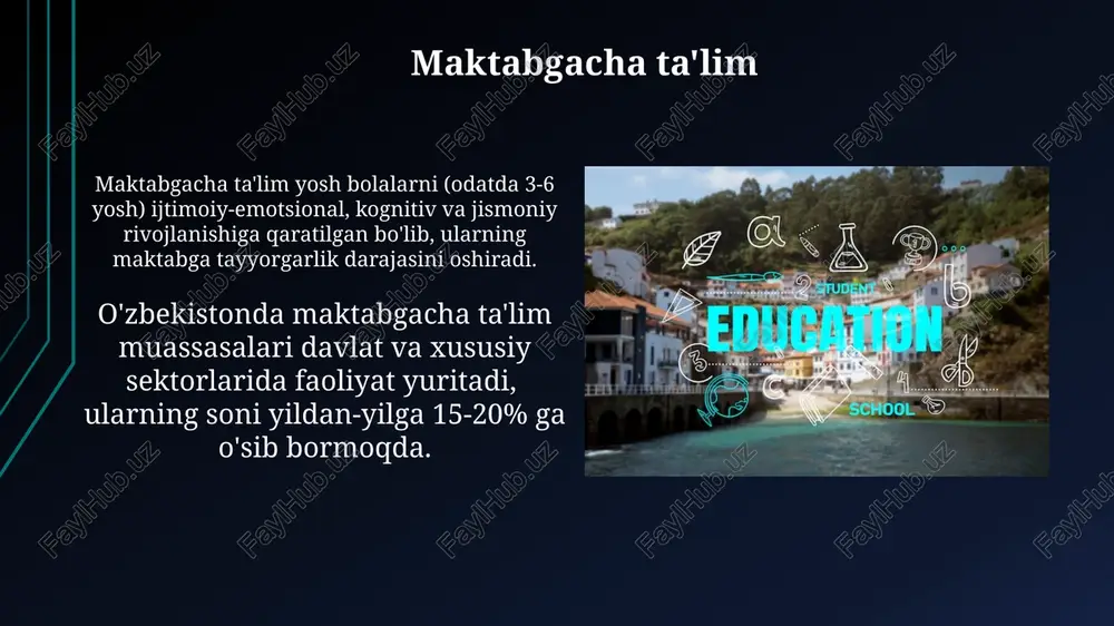 jud bo'lib, ularning soni 100 dan oshadi. davlat va nodavlat ta'lim muassasalari 2022-yil ma'lumotlariga ko'ra, o'zbekistonda davlat maktablari soni nodavlat maktablar sonidan ancha yuqori bo'lib, ta'limning katta qismini qamrab oladi. nodavlat ta'lim muassasalari, davlat muassasalaridan farqli o'laroq, turli xil ta'lim dasturlarini, masalan, xalqaro bakalavriat dasturini taklif qilishi mumkin. kasb-hunar ta'limi kasb-hunar ta'limi bo'yicha o'qitish jarayonida amaliyot (60% gacha) nazariy bilimlar bilan (40%) muvozanatlashtirilib, ishga joylashish imkoniyatini oshiradi. kasb-hunar ta'limi davlat tomonidan moliyalashtiriladigan va to'lov-kontrakt asosida o'qitiladigan dasturlarni o'z ichiga oladi, bu esa 50 dan ortiq turdagi kasblarni o'zlashtirish imkoniyatini beradi. kollej ta'limi kollejlarning taxminan 70% dan ortig'i davlat tomonidan moliyalashtiriladi, qolganlari esa xususiy yoki notijorat tashkilotlar tomonidan boshqariladi, bu esa turli xil o'quv dasturlarini taqdim etadi. kollej ta'limi bakalavriat dasturlariga tayyorgarlik sifatida yoki mustaqil kasbiy malakaga ega bo'lish uchun, masalan, 100 dan ortiq turdagi hunar va kasblar bo'yicha tanlanishi mumkin. universitet ta'limi oliy ta'lim muassasalarida o'rtacha 4 yillik bakalavr dasturlari …