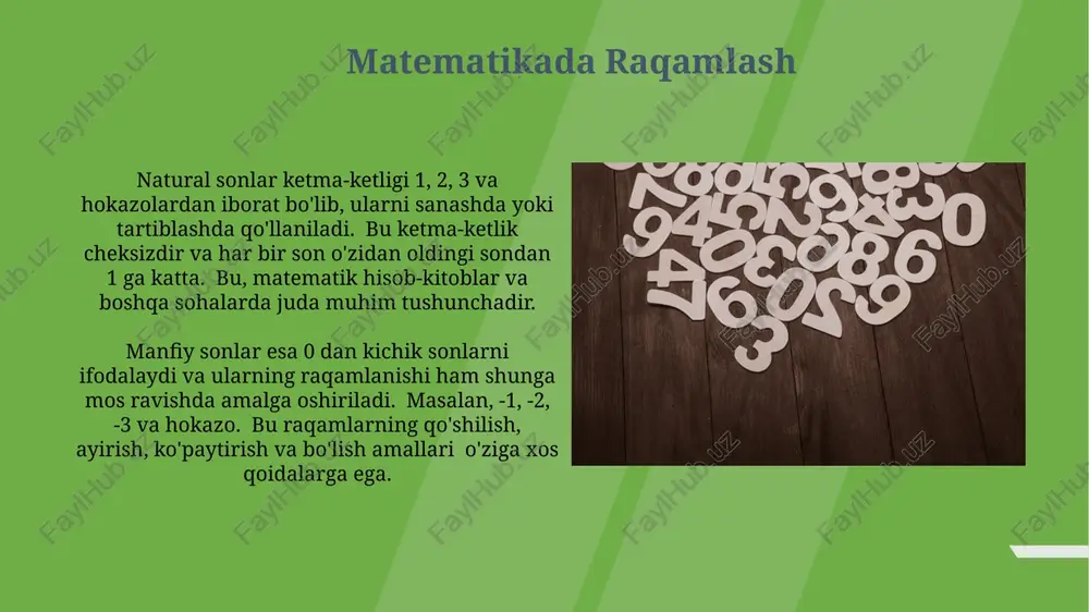 bo'lib, 1 bayt (8 bit) to'rtta o'n oltilik raqam bilan ifodalanishi mumkin. "o'n oltilik hisoblash tizimi"da 0 dan 15 gacha bo'lgan raqamlar 0, 1, 2, 3, 4, 5, 6, 7, 8, 9, a, b, c, d, e, f belgilar bilan ifodalanadi, bu yerda a=10, b=11, c=12, d=13, e=14, f=15 qiymatlarini bildiradi. arab raqamlari arab raqamlari hind-arab raqam tizimining asosiy qismi hisoblanadi va ularning paydo bo'lishi va rivojlanishi vii-xv asrlar oralig'ida sodir bo'lgan murakkab tarixiy jarayonlar bilan bog'liq. ushbu raqamlar tizimi, o'nlik sanoq sistemasiga asoslanganligi sababli, kattaligi turlicha bo'lgan sonlarni ixcham va tushunarli yozish imkonini beradi, bu esa matematikada katta yutuq hisoblanadi. kompyuter fanidagi raqamlash kompyuter xotirasi manzillarini aniqlashda, masalan, 32 bitli manzil maydoni 2³² ta yagona manzilni taqdim etadi, bu esa ulkan miqdordagi ma'lumotlarni saqlash imkonini beradi va har bir bit 0 yoki 1 qiymatini oladi. kompyuter fanida sonlarni ikkilik (binary), sakkizlik (octal), o'nlik (decimal) va o'n oltilik (hexadecimal) tizimlarda …