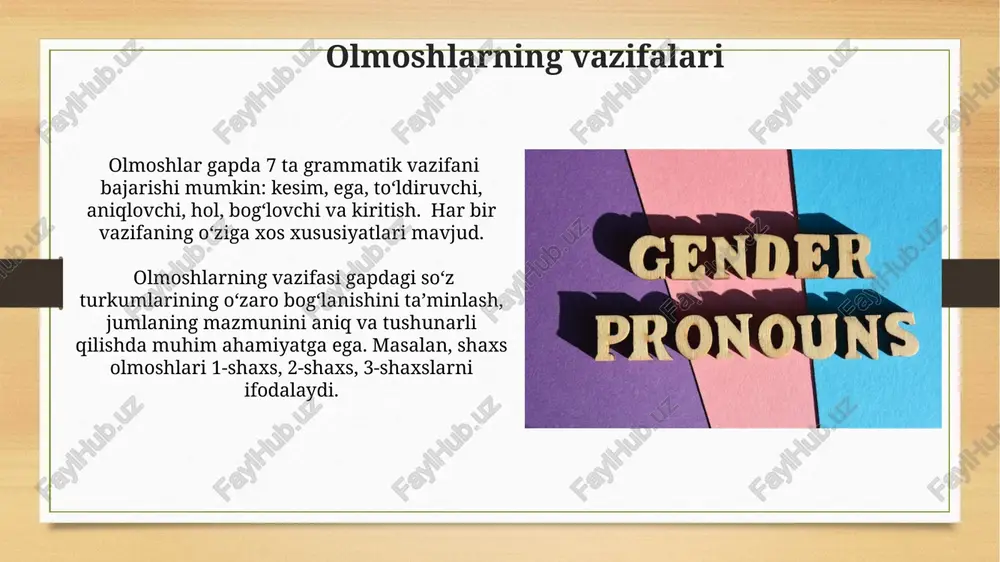 aytarish olmoshlari jumlada qoʻshimcha ma'no ifodalab, fe'lning ma'nosini aniqlashtiradi, masalan, "u o'zini yaxshi his qildi" jumlasida "o'zini" olmoshi fe'lning bajaruvchisiga qaytadi va qo'shimcha ma'lumot beradi. koʻrsatish olmoshlari koʻrsatish olmoshlarining son jihatdan birlik va koʻplik shakllari mavjud boʻlib, masalan, "bu" ning koʻplik shakli "bular" hisoblanadi va ular gapda aniqlovchi, toʻldiruvchi va hokazo vazifalarni bajaradi. koʻrsatish olmoshlari, yaʼni demonstrative pronouns, oʻzbek tilida "bu", "shu", "u", "ana" kabi 4 ta asosiy shaklda mavjud boʻlib, ularning grammatik vazifalari va qoʻllanilish sohalari farq qiladi. olmoshlar nima? olmoshlarning vazifasi – nutqni qisqartirish va takrorlanishlardan qochishdir. masalan, "men kitobni o'qidim, kitob juda qiziqarli edi" degan gapni "men kitobni o'qidim, u juda qiziqarli edi" deb qisqartirish mumkin, bu yerda "u" olmoshi "kitob" so'zining o'rnini egallaydi. ba'zi olmoshlar, masalan, shaxs olmoshlari (men, sen, u, biz, sizlar, ular) grammatik shaxsni bildiradi, boshqalari esa (shu, u, bu) predmetning joylashuvini ko'rsatadi yoki (nima, kim, qaysi) so'roq ma'nosini anglatadi. e'tiboringiz uchun rahmat @taqdimot_robot …