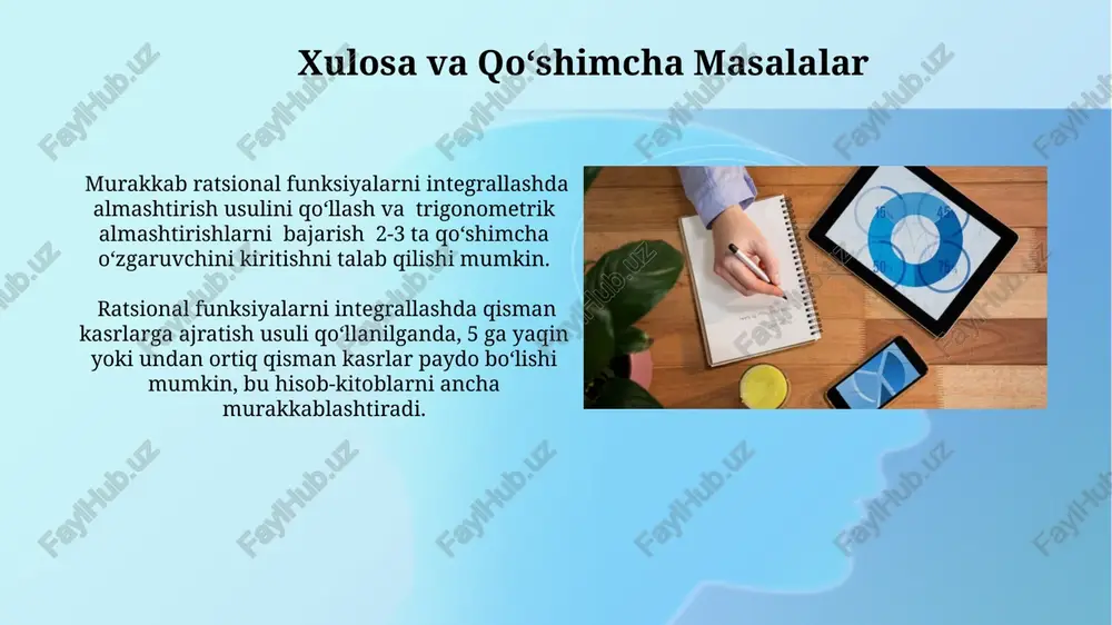 htirish metodidan foydalanib integralni hisoblash kerak. misol uchun, (x³+2x)/(x²+1) kasrini hisoblashda. u almashtirish metodidan foydalanib, 2-tartibli kasrlarni 1-tartibli kasrlar yig'indisiga ajratish mumkin, bu esa integralni hisoblashni soddalashtiradi. masalan, (2x+3)/(x²+x+1) kasrini ajratishda bu usul juda samarali. trigonometrik oʻzgartirish ba'zi ratsional funksiyalarda, x=sin(u) yoki x=cos(u) almashtirishlari integralni trigonometrik ifodalardan foydalanib hal qilish imkonini beradi. masalan, √(1-x²) ifodasi uchun. trigonometrik oʻzgartirish yordamida 2x²+3x+1/(x²+1) kabi ratsional funksiyalarni integrallashda, x=tan(u) almashtirishi 1+x²=sec²(u) tenglamasini hosil qiladi va integralni soddalashtiradi. qisman kasrlarga ajratish metodi qisman kasrlarga ajratish metodidan foydalanib, 2x³ + 5x² - 3x + 1 / (x-1)(x+2)² kabi murakkab ratsional funksiyalarni sodda kasrlar yig'indisiga aylantirish mumkin. qisman kasrlarga ajratishda, takrorlanuvchi ildizlar uchun (x-a)ⁿ shaklidagi maxrajlarga mos ravishda a/(x-a) + b/(x-a)² + ... + n/(x-a)ⁿ ko'rinishidagi kasrlar qo'llaniladi. kvadratik omillarga ega boʻlgan maxrajlar kvadratik maxrajli ratsional funksiyaning integrallash usuli, maxrajni toʻliq kvadratga aylantirish va keyin mos almashtirishni qoʻllash orqali amalga oshiriladi. misol uchun, x²+4x+8 ni (x+2)²+4 ga …