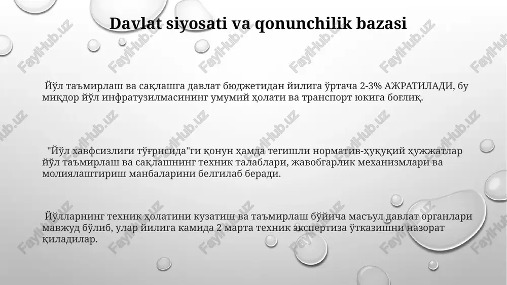 tqizuvchi mashinalar, parnik gazi chiqindilarini 20% ga kamaytirishi mumkin. muhandislik-texnik xizmati va xodimlar malakasi yo'l ta'mirlash bo'yicha mutaxassislarning o'rtacha tajriba darajasi 5 yildan kam bo'lganda, samaradorlikni oshirish uchun qo'shimcha treninglar va mentorlik dasturlarini joriy etish zarur. yo'l ta'mirlash va texnik xizmat ko'rsatishda malakali muhandislar va texniklar soni kamida umumiy xodimlar sonining 25% ni tashkil etishi kerak, bu esa samarali va sifatli ishlarni ta'minlaydi. zamonaviy yo'l ta'mirlash texnologiyalari bilan ishlash uchun xodimlarni qayta tayyorlash va malakasini oshirish dasturlari yiliga kamida 10% xodimlarni qamrab olishi lozim. e'tiboringiz uchun rahmat @taqdimot_robot image1.png image2.png image3.png