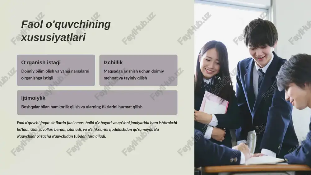 atdagi o'rni yoshlar - bu jamiyatning turinchi va eng dinamik kuchi. ular kelgusi insoniyatni shakllantiradigan, yangi g'oyalar keltiradigan, va o'zgarishlarga rahbarlik qiladigan abzallar. yoshlarning aktiv fuqorolik ijoda esa demoktaylik institutlari mustahkamlashining asosini tashkil qiladi. 1 yangiliklar va g'oyalar yoshlar o'z yangi vujudlari, raqamli mahorati va zamonaviy fikrlari orqali jamiyatga yangi perspektivalar kiritadi 2 o'zgarishlarga tayyor ular o'zgarishlarga osongina moslasha oladi va kelgusi o'zgarishlar uchun jamiyatni tayyor qiladi 3 doimiy energiya yoshlarning enerektisi va talab-talvasi jamiyat rivojlanishining drayveri bo'ladi 1.7.2013 9 ‹#› xulosa: har birimizning hissamiz muhim faol o'quvchidan faol fuqorolikka o'tish - bu faqat bir bosqich emas, balki butun hayotning falsafasi va tayyorlashi. o'quvchilikni faqat notavakkallik va ilm-fan nuqtai nazaridan emas, balki fuqorolik mas'uliyati va jamiyatga nisbatan javobgarlik nuqtasidan karashtirilsa, biz yangi avlodning tayyorlashiga to'liq yo'nishadi. har bir yoshning ko'megi mavjud siz katta yoki kichik qo'yga bag'li olmaysiz, hamma narsaning jamiyatga hissa qo'shish imkonyatlari bor birgalikda kuchli agar biz hamkorlik …