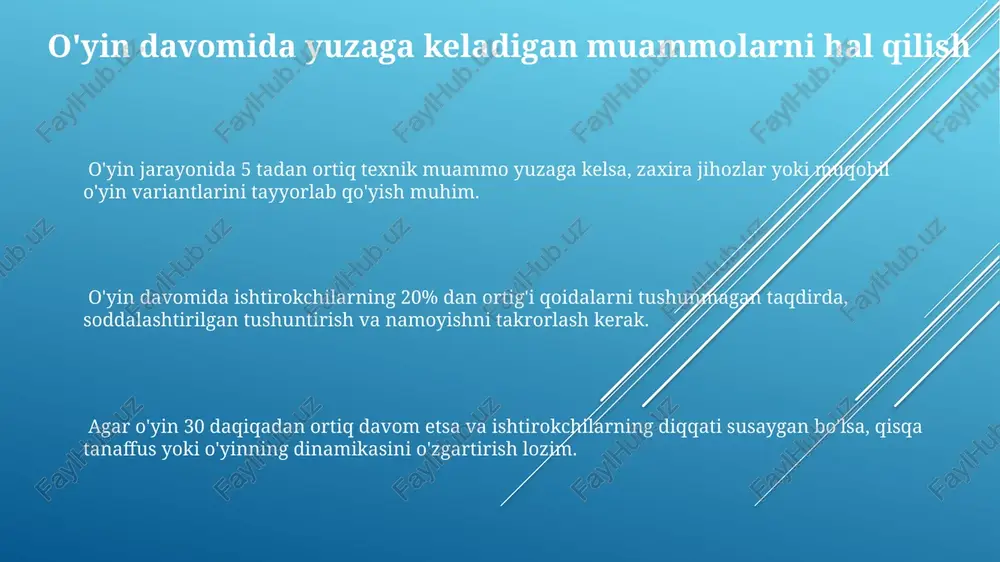 smoniy va intellektual imkoniyatlarini hisobga olish orqali 3 ta turli darajadagi qiyinchilikka ega topshiriqlar tayyorlash kerak. o'yin jarayonida 2-3 nafar ko'ngilli yordamchidan foydalanish, ularning vazifalarini aniq belgilash va o'yin qoidalarini 5-7 daqiqada tushuntirish samaradorlikni oshiradi. hisobot tuzish va hujjatlashtirish hisobot tuzishda o'yinlarning 3 ta asosiy ko'rsatkichi (qatnashchilar soni, o'yin davomiyligi, baholovchi natijalari) aniq ko'rsatilishi va ularning har biri uchun kamida 2 ta ma'lumot manbai keltirilishi kerak. har bir moslashtirilgan o'yin uchun alohida hujjatlashtirish varaqasi yaratilsin, unda o'yinning nomi, maqsadi, qoidalari, jihozlar ro'yxati va 5 tadan kam bo'lmagan fotosuratlar yoki videolar ilova qilinsin. hisobotda kamida 10 ta turli xil moslashtirilgan o'yinlarning natijalari, ularning samaradorligi va qatnashchilarning fikr-mulohazalari tahlil qilinib, grafiklar yoki jadvallar orqali ko'rsatilishi shart. maqsadli auditoriyani aniqlash va ehtiyojlarini tahlil qilish maqsadli auditoriyaning funksiyalarini hisobga olgan holda, kamida 3 ta turli yosh guruhi va jismoniy imkoniyatlariga ega bo'lgan 15-20 nafar ishtirokchini o'z ichiga olgan namunaviy guruhni tanlash tavsiya etiladi. auditoriya …