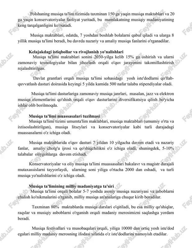 keng tarqalganligini ko'rsatadi. musiqa maktablari, odatda, 7 yoshdan boshlab bolalarni qabul qiladi va ularga 8 yillik musiqa ta'limi beradi, bu davrda nazariy va amaliy musiqa fanlarini o'rganadilar. kelajakdagi istiqbollar va rivojlanish yo'nalishlari musiqa ta'limi maktablari sonini 2030-yilga kelib 15% ga oshirish va ularni zamonaviy texnologiyalar bilan jihozlash orqali o'quv jarayonini takomillashtirish rejalashtirilgan. davlat grantlari orqali musiqa ta'limi sohasidagi yosh iste'dodlarni qo'llab-quvvatlash dasturi doirasida keyingi 5 yilda kamida 500 nafar talaba stipendiyalar oladi. musiqa ta'limi dasturlariga zamonaviy musiqa janrlari, masalan, jazz va elektron musiqa elementlarini qo'shish orqali o'quv dasturlarini diversifikatsiya qilish bo'yicha ishlar olib borilmoqda. musiqa ta'limi muassasalari tuzilmasi musiqa ta'limi tizimi umumta'lim maktablari, musiqa maktablari (umumiy o'rta va ixtisoslashtirilgan), musiqa litseylari va konservatoriyalar kabi turli darajadagi muassasalarni o'z ichiga oladi. musiqa maktablarida o'quv dasturi 7 yildan 10 yilgacha davom etadi va nazariy fanlar, amaliy cholg'u ijrosi va qo'shiqchilikni o'z ichiga oladi, shuningdek, 5-10% talabalar oliygohlarga davom etishadi. konservatoriyalar va oliy …