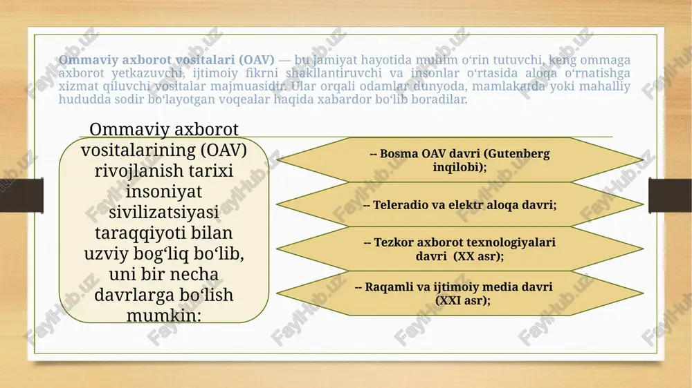 italarga o‘yib yozishgan. rim imperiyasida birinchi ommaviy e’lonlar (acta diurna – kunlik voqealar haqida xabarlar) devorlarga yozilgan. 5. xabarchilar va jo‘natmalar tizimi qadimgi davlatlarda podshohlar va hukumatlar xabarlarni tarqatish uchun maxsus elchilarni va xabarchilar tizimini tashkil etishgan. misol: fors imperiyasida keng qamrovli xabarchilar tarmog‘i mavjud edi, bu tizim orqali hukumat farmonlari butun davlat bo‘ylab tarqatilgan. 6. ilk bosma shakllar xitoyda miloddan avvalgi davrlarda yog‘och bosma texnologiyasi ishlab chiqilgan va undan matnlarni ko‘paytirish uchun foydalanilgan. evropada xv asrda yoxann gutenbergning bosmaxona ixtirosi axborot vositalarining bosma shakli rivojlanishiga turtki berdi. ommaviy axborot vositalarining birinchi shakllari oddiy, ammo samarali bo‘lib, insoniyat tarixida axborot tarqatish va saqlashning muhim poydevorini yaratdi. bu bosqichlar keyinchalik bosma, elektron va raqamli axborot vositalarining rivojlanishi uchun asos bo‘ldi. ommaviy axborot vositalari turlari va xususiyatlari ommaviy axborot vositalari (oav) turli xil vositalar orqali ommaga axborot yetkazishning asosiy usullari hisoblanadi. ular jamiyatda axborotni tarqatish, ma’lumot yetkazish va auditoriyani jalb qilish uchun …