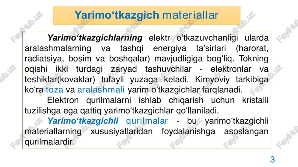 varikaplar teskari yo‘nalishda ulanadi. 9 ledlar(yorug‘lik diodlari) yarimo‘tkazgichli diodlar bo‘lib, ularning ishlash printsipi to‘g‘ri tok o‘tganda p-n o‘tish orqali yorug‘lik chiqarishga(nurlatishga) asoslangan. fotodiodlar - teskari tok p-n o‘tish joyining yoritilishiga bog‘liq. shottki diodlari - metall-yarimo‘tkazgichli birikmaga asoslangan, buning natijasida ular an'anaviy diodlarga qaraganda sezilarli darajada yuqori tezlikka ega. 10 diodlarning shartli-grafik belgilanishi 11 tranzistorlar raqamli elektronika va impulsli sxemalarning tarqalishi bilan tranzistorning asosiy xususiyati boshqaruv signali ta’sirida ochiq va yopiq holatda bo‘lish qobiliyatidir. tranzistor o‘z nomini ikkita inglizcha tran(sfer) (re) sistor - boshqariladigan qarshilik so‘zining qisqartmasidan olgan. bu nom tasodifiy emas, chunki tranzistorga qo‘llaniladigan kirish kuchlanishi ta’sirida uning chiqish qismalari orasidagi qarshilik juda keng diapazonda sozlanishi mumkin. tranzistor - bu elektr signallarini kuchaytirish, ishlab chiqarish va o‘zgartirish, shuningdek, elektr zanjirlarida kommutatsiyalash uchun mo‘ljallangan yarim o‘tkazgichli qurilma hisoblanadi. tranzistorning o‘ziga xos xususiyati kuchlanish va tokni kuchaytirish qobiliyatidir - tranzistorning kirishida ta’sir qiluvchi kuchlanish va toklar uning chiqishida ancha katta kuchlanish va …