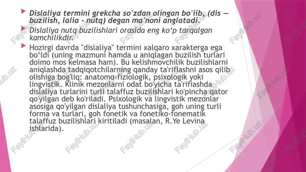 ik, pedagogik qarovsizlik ham funksional dislaliyaga sabab bo'ladi. bunda tovushlaiga e'tibor bermaslik, boladagi kamchiliklami to‘g‘irlamaslik, to‘g‘ri va aniq talaffuz namunalarini bermaslik hollari ko'zda tutiladi. dislaliya artikulatsion apparat a'zolarining (til, lab, pastki jag‘) harakatchanligidagi kamchiliklar natijasida ham sodir bo'ladi. bu hol bolaning tilni kerakli holatda ushlab tura olmasligi yoki bir harakatdan ikkinchi harakatga tez o‘ta olmasligida namoyon bo'ladi. dislaliya funksional eshituvning pasayishi natijasida ham paydo bo`lishi mumkin. dislaliyani bartaraf etish[tahrir | manbasini tahrirlash] talaffuz buzilishlarni bartaraf etish uchun logopedik ta’sir lozim. logopedik ta'sirning asosiy maqsadi, nutq tovushlarini to‘g‘ri shakllantirishdir. nutq tovushlarini to‘g‘ri tiklash uchun bola quyidagilarni bilishi lozim: nutq tovushlarini bilishi va ularni idrokida aralashtirib yuborishi kerak emas /bir tovushni ikkinchisidan akustik belgisi bo'yicha ajrata bilishi/; normal talaffuz qilingan tovushdan noto‘g‘ri talaftuz qilingan tovushni ajrata bilishi; o‘zi taiaftuz qilgan tovushni eshitib nazorat qila bilishi va sifatini baholashi; tovushni normal /effektini/ akustik effektini hosil qiluvchi artikulatsion holatni bajara olishi; nutqning hamma turlarida …