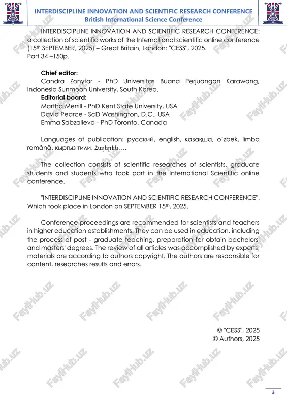 isodiy samaradorligini baholash 73 bakirova anastasiya aleksandrovna avtonomov viktor aleksandrovich ravshanov a'zam erkinovich kollektsii selskoxozyaystvennix kultur kak instrument soxraneniya geneticheskogo i vidovogo raznoobraziya 79 ergashev sardor kosimovich the occurrence of transposition in proper nouns 86 choriyeva shahina jasurovna the usage of articles 90 raimjanova ugilhon nomanovna 93 interdiscipline innovation and scientific research conference british international science conference 6 socio-political transformations and governance adaptation in uzbekistan: navigating challenges and opportunities in a transitional society raimjanova ugilhon nomanovna sotsial-siyosiy o‘zgarishlar va boshqaruv tizimining moslashuvi: zamonaviy jarayonlar va istiqbolli yo‘nalishlar 101 raimjanova ugilxon nomanovna perspektivnie napravleniya innovatsiy v upravlenii na fone sovremennix sotsialnix i politicheskix vizovov: analiticheskiy obzor innovatsionnix praktik v upravlenii uzbekistana 106 bo‘riyeva marjona said qizi von andijon nach kabul: ein kurzer einblick in die letzten lebensphasen baburs 117 jumaboyeva shahnoza rahimov javohir oshqozon- ichak tizimi biokimyosi. 120 shovkatjanova irodaxon psixologiyaning bola til o‘rganish jarayonlaridagi ahamiyati 123 abdullayev shahobiddin shamsiddinovich tijorat …