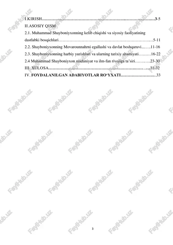 a. kurs ishining ahamiyati. mazkur kurs ishi muhammad shayboniyxon shaxsining siyosiy, harbiy va madaniy faoliyatini tahlil qilishga bag‘ishlanadi. unda shayboniyxonning movarounnahrni egallash jarayoni, davlat boshqaruvi tamoyillari va uning madaniyatga qo‘shgan hissasi yoritiladi. ushbu mavzu tarixiy jarayonlarni yaxshiroq anglashga va davlatchilik an’analari haqida to‘liq tasavvur hosil qilishga yordam beradi. kurs ishining obyekti muhammad shayboniyxonning siyosiy va harbiy faoliyati, shuningdek, uning davlat boshqaruvi tizimidir. kurs ishining predmeti muhammad shayboniyxonning movarounnahrni egallash jarayoni, davlat boshqaruvi va madaniy siyosatining xususiyatlaridir. kurs ishining amaliy ahamiyati. mazkur kurs ishi muhammad shayboniyxon davrini ilmiy asosda o‘rganish hamda tarixiy jarayonlarni to‘g‘ri 1 qirg‘izboyev m. siyosatshunoslik. o‘quv qo‘llanma. – t.: yangi asr avlodi, 2013. – 524 b. 5 talqin qilish uchun muhim manba bo‘lib xizmat qiladi. ushbu tadqiqot natijalari tarixiy ta’lim va ilmiy-tadqiqot faoliyatida qo‘llanilishi mumkin. kurs ishining vazifalari 1. muhammad shayboniyxonning kelib chiqishi va siyosiy faoliyatining dastlabki bosqichlarini o‘rganish. 2. uning movarounnahrni egallash jarayonini tahlil qilish. 3. shayboniyxonning …