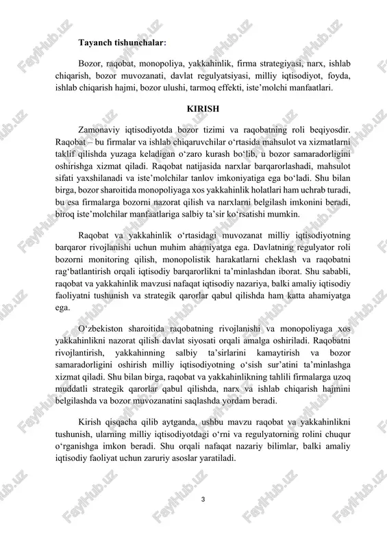 rni nazorat qiladi va ularning qarorlari bir-biriga bevosita bog‘liq bo‘ladi. shu sababli raqobat strategik xarakterga ega bo‘ladi va tarmoq effektlari ham muhim ahamiyatga ega bo‘ladi. firmalar raqobatni boshqarish orqali narxlarni stabillashtirish, foydani oshirish va bozordagi ulushini saqlashga intiladi. monopoliya holatida esa yakkahinning kuchi bozorni to‘liq nazorat qiladi, bu esa narxlarning sun’iy oshishi va iste’molchi manfaatlarining zarar ko‘rishi bilan bog‘liq bo‘lishi mumkin. shu sababli, davlat regulyatsiyasi monopoliyalarning salbiy ta’sirini kamaytirish va raqobatni rag‘batlantirishga qaratilgan. bozor raqobatining iqtisodiy ahamiyati shundaki, u iqtisodiy samaradorlikni oshiradi, mahsulot sifatini yaxshilaydi, narxlarni barqarorlashtiradi, innovatsiyalarni rag‘batlantiradi va milliy iqtisodiyotning uzoq muddatli rivojlanishini ta’minlaydi. shu bilan birga, raqobat turi va darajasi firmalarning strategik qarorlariga, ishlab chiqarish hajmi va narx siyosatiga bevosita ta’sir qiladi. o‘zbekiston iqtisodiy sharoitida raqobatni rivojlantirish va monopoliyaga xos yakkahinlikni nazorat qilish davlat siyosati orqali amalga oshiriladi. bu esa bozor samaradorligini oshirish, iste’molchi va ishlab chiqaruvchi manfaatlarini muvozanatlash va milliy iqtisodiy barqarorlikni ta’minlash imkonini beradi. 2. …