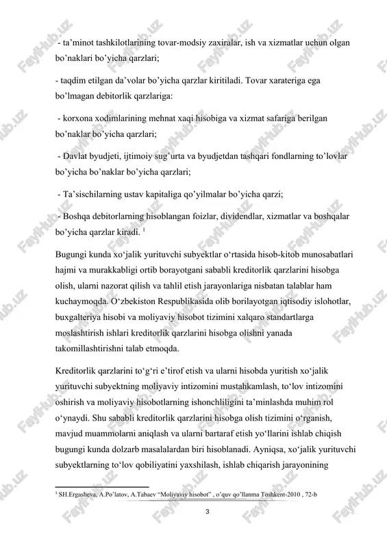 a ularni bartaraf etish yo‘llarini ishlab chiqish bugungi kunda dolzarb masalalardan biri hisoblanadi. ayniqsa, xo‘jalik yurituvchi subyektlarning to‘lov qobiliyatini yaxshilash, ishlab chiqarish jarayonining uzluksizligini ta’minlash va moliyaviy barqarorligini oshirish uchun kreditorlik qarzlarini hisobga olishni to‘g‘ri tashkil etish zarurdir. kreditorlik qarzlari xo‘jalik yurituvchi subyektlarning qisqa muddatli majburiyatlari tarkibida muhim o‘rin tutadi va ularning moliyaviy holatini ifodalovchi asosiy ko‘rsatkichlardan biri hisoblanadi. ular xo‘jalik yurituvchi subyekt bilan yetkazib beruvchilar, pudratchilar, byudjet va boshqa tashkilotlar o‘rtasidagi hisob-kitob munosabatlarining asosiy qismini tashkil etadi. kreditorlik qarzlarini to‘g‘ri va aniq hisobga olish xo‘jalik yurituvchi subyektning moliyaviy holatini tahlil qilish, uning to‘lovga qobiliyatliligini baholash va kelgusidagi rivojlanish strategiyasini belgilashda muhim ahamiyat kasb etadi. o‘zbekiston respublikasida amalga oshirilayotgan iqtisodiy islohotlar, moliyaviy hisobot tizimini xalqaro standartlarga moslashtirish, shuningdek, xo‘jalik yurituvchi subyektlar faoliyatida hisob-kitob munosabatlarining hajmi ortib borayotgani kreditorlik qarzlarini hisobga olish tizimini yanada takomillashtirishni talab etmoqda. kreditorlik qarzlarini noto‘g‘ri hisobga olish moliyaviy hisobotlarning ishonchliligiga putur yetkazadi, bu esa xo‘jalik yurituvchi …