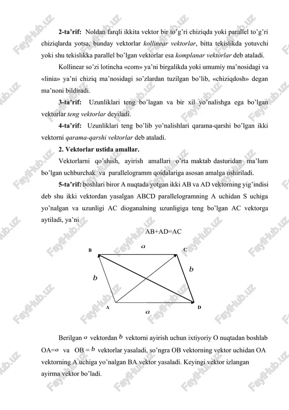 4. vektorlarning chiziqli bog’liqligi. 1, 2,… n vektorlar hamda 1, 2,… n, haqiqiy sonlar berilgan bo’lsin. ular hosil qilingan 11, 22,…nn, ifoda 1, 2,… n vektorlarning 1, 2,… n, koeffitsientli chiziqli kombinatsiyasi deyiladi. agar biror vektor 1, 2,… n vektorlarning chiziqli kombinatsiyasi shaklida ifodalangan bo’lsa, vektor shu vektorlar bo’yicha yoyilgan deyiladi, ya’ni quyidagi tenglik o’rinli bo’ladi. = 11+22 +nn (1) 7-ta’rif: agar kamida bittasi noldan farqli 1, 2 ,…n sonlar tanlab olinganda 11+22+…+nn = 0 (2) tenglik bajarilsa, u holda 1, 2,… n vektorlar chiziqli bog’liq deyiladi. 8-ta’rif: agar (2) munosabat faqat 1=2=…=n= 0 bo’lgandagina o’rinli bo’lsa, u holda 1, 2,… n vektorlar chiziqli bo’lmagan yoki chiziqli erkli deb ataladi. tekislikdagi xar qanday ikkita vektorning chiziqli bog’liq bo’lishi uchun ularning kollinear vektorlar bo’lishi zarur va kifoya. fazodagi har qanday uchta vektorning chiziqli bog’liq bo’lishi uchun, ularning komplanar vektorlar bo’lishi shart. tekislikdagi har qanday ikkita vektorning va fazodagi har qanday uchta …