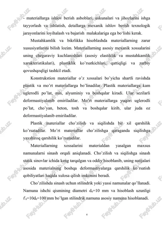 ralikda material guk qonuniga bo’ysunadi. a nuqtaga juda yaqin v nuqta elastiklik chegarasi (e) ga mos bo’lib, bunda 0,002...0,005 foiz qoldiq deformastiya qolishi mumkin. kuchlanish s nuqtaga etganda deformastiya kuchning deyarli o’zgarmas qiymatida ortib boradi. diagrammaning sd qismi oquvchanlik yuzachasi deb yuritiladi. bu qism boshidagi s nuqta oquvchanlik chegarasi (oq) ga mos keladi. material oqqanda namunaning yaltiroq sirti xiralashadi. buning sababi material zarralarining o’zaro siljishidir. unda namuna sirtida bo’ylama o’qqa 45 gradus burchak ostida siljish chiziqlari (chernov-lyuders chiziqlari) paydo bo’ladi. yuqori uglerodli va legirlangan po’latlar, dyuralyumin, bronza, mis va alyumin diagrammalarida oquvchanlik yuzachalari bo’lmaydi. ular uchun shartli oquvchanlik chegarasi (0,2) belgilanadi. u qoldiq uzayish namuna uzunligining 0,2 foizini tashkil qiladigan kuchlanishdan iborat. oquvchanlik chegarasidan keyin material mustahkamlashadi va namuna butun uzunligi bo’yicha bir tekis uzayadi. kuchlanish diagrammaning e nuqtasiga mos eng yuqori qiymatga erishgach, namunada mahal liy ingichkalashish - «bo’yin» hosil bo’ladi. ana shu eng katta kuchlanish mustahkamlik chegarasi yoki …