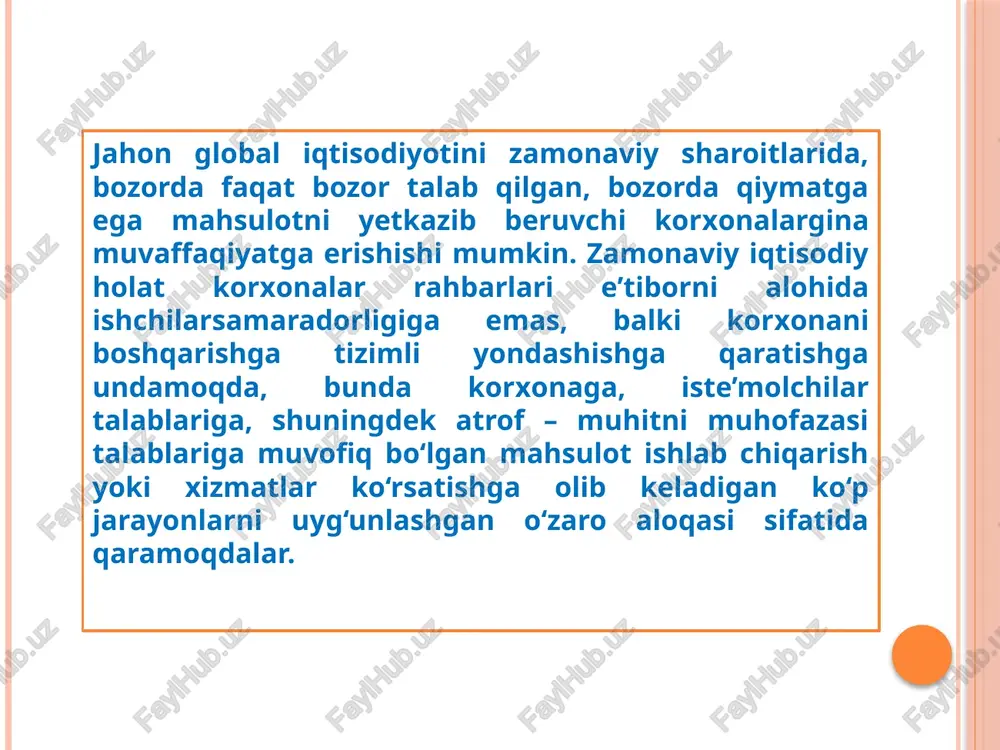 o‘lgan statistik nazoratda qo‘llanuvchi muqobil belgisi bo‘lib, faqatgina ikkita bir – birini inkor qiluvchi imkoniyatlari bo‘lishi mumkin. masalan, buyumlarda yaroqsizlikning borligi yoki yo‘qligi, detallarda himoya qatlami borligi yoki yo‘qligi va shunga o‘xshashlar. mahsulot sifatining ko‘rsatkichi mahsulot sifatiga kiruvchi bitta yoki bir necha xossasining miqdoriy tavsifi, uning yaratilish va ishlatilishi yoki iste’molidagi muayyan sharoitlarga qo‘llanilishini qurilishiga aytiladi. sifat ko‘rsatkichlari quyidagi asosiy talablarga javob berishlari lozim:  turg‘unligi;  rejali asosda ishlab chiqarish samaradorligini oshishiga yordam berishi;  fan va texnika yutuqlarini inobatga olinishi;  muayyan vazifasiga ko‘ra ma’lum ehtiyojlarni qondirishga layoqatliligi. vazifaviy ko‘rsatkichlar mahsulot xossalarini tavsiflaydi, ularning asosiy vazifalarini belgilaydi, mahsulotni qo‘llash sohasini aniqlaydi. mashina va asbobsozlik, elektrotexnika va boshqa buyumlar uchun bu ko‘rsatkichlar buyum tarafidan bajariladigan foydali ishni tavsiflaydi. turli xil konveyerlar uchun vazifaviy ko‘rsatkichlar, unumdorlik, yuk uzatish masofasi va balandligi; o‘lchash asboblarida – aniqlik ko‘rsatkichlari, o‘lchash chegarasi va shunga o‘xshashlarni tashkil etadi. tarkib va tuzilish ko‘rsatkichlari mahsulotdagi kimyoviy elementlarni …