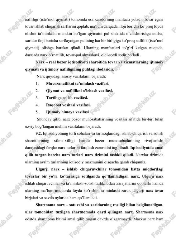 ashi zarur. ulgurji narx tovar birjalari va savdo uylarida ham qo’llaniladi. shartnoma narx – sotuvchi va xaridorning roziligi bilan belgilanadigan, ular tomonidan tuzilgan shartnomada qayd qilingan narx. shartnoma narx odatda shartnoma bitimi amal qilib turgan davrda o’zgarmaydi. mazkur narx ham milliy, ham xalqaro bozorlarda qo’llaniladi. u xalqaro bozorda qo’llanilganda tovar (xizmat)larning jahon narxlariga yaqin turadi. chakana narx – tovarlar bevosita iste’molchilarga sotiladigan narx. chakana narxga tovarning ulgurji narxi, chakana savdo tashkilotlarining xarajatlari va ularning oladigan foydasi kiradi. chakana narx tovarlarga bo’lgan talab va taklifni bog’lovchi rolini o’ynaydi hamda ularning nisbatiga qarab yuqori yoki past bo’lishi mumkin. davlatning narxlarni tartibga solish faoliyati chegaralangan (limitlangan) va dotatsiyalangan narxlarni vujudga keltiradi. chegaralangan narx – davlat tomonidan yuqori va quyi chegaralari belgilanib, shu doirada o’zgarishi mumkin bo’lgan narx. bunday narx yordamida davlat inflyatsiyani jilovlaydi, narx darajasini nazorat qiladi. dotatsiyalangan narx – davlat budjeti hisobidan maxsus arzonlashtirilgan narx. bunday narxdan kam daromadli oilalar, beva-bechoralar, ishsiz …