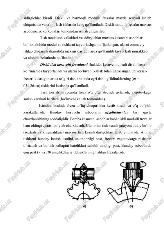 mmetriya chizig’iga siljigan va bunda surish xarakati frezaga yoki zagotovkaga beriladi. 2-rasm. barmoqni freza va uning konstruktiv parametrlari diskli frezalarga nisbatan barmoqli frezalarning gabarit o’lchamlari bir muncha kichik bo’lib, ularning ishchi qismi diametrining o’lchamlari g’ildirakni tishlari bo’yicha aniqlanadi. odatda frezalarni 40...90 mm diametrli va tishlarning sonini juft holda 2...8 ta qilib tayyorlanadi. barmoqli frezalarning oldingi burchagini uni tayyorlash, qayta charxlash va profilining nazoratini soddalashtirish maqsadida nulga teng olinadi. dastlabki ishlov beruvchi frezalarda kesish kuchini kamaytirish maqsadida oldingi burchakni musbat qiymati (80gacha) qabul qilinadi. asbobsozlik materiallarini iqtisod qilish maqsadida m>50 mm.li frezalarning tishlariga kesuvchi plastinalar payvandlanadi. barmoqli frezalarning kamchiligi, unumdorligining pastligi va ishlov berishi aniqligining pastligidir. unumdorlikni pastligi – tishlarning sonini ozligi, maxkamlash bikrligining pastligi, kesiluvchi qatlamning kengligini kattaligi sababli kesish kuchini yuqoriligi, zagotovka bilan birikish burchagining kattaligidir. aniqlikning pastligi – frezalarni qayta charxlashda hosil bo’ladigan hatoliklar va bo’lish kallagidagi hatoliklardir. ushbu frezalarni afzalliklari shundaki, ular yordamida universal dastgohlarda g’ildiraklarga o’ta …