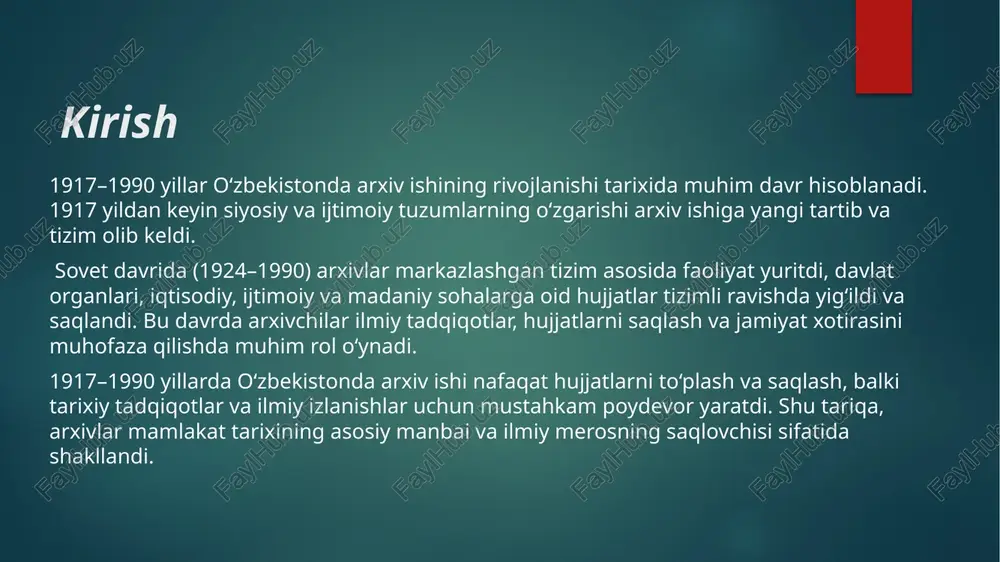 diyot seksiyalari; -tarixiy-inqilobiy, sharq va matbuot seksiyalari. 1920 yil martida-farg‘onada. 1920 yil iyunda-samarqandda, o’sha yil noyabrda-ettisuvda, 1921 yil martda-kaspiy orti viloyatida ana shunday arxiv bo‘limlari tashkil qilindi. turkiston respublikasi xalqkomissarlari soveti (xks)ning 1921 yil 25 yanvardagi «viloyat arxiv fondlari to‘g ‘risida»gi qaroriga asosan qonuniy jihatdan rasmiylashdi. bu qarorga ko'ra viloyat hududidagi barcha idoralaming ish yuritish hujjatlari viloyat davlat arxivi fondining tarkibiy qismi hisoblanadi, deb ko'rsatilgan. 1920-1921yillari 500 dan ortiq fondlar hisobga olindi. 1921 yil oxirigachadavlat arxiv fondlariga 157 ta harbiy va fuqaro tashkilotlari305 mingdan ortiq y ig ‘majikllarni topshirdilar. 1922 yili 83 tatashkilot tomonidan 200 mingga yaqin yig‘majild topshirildi arxiv hujjatlarini saqlash choralari ko‘rildi. hukumatning 1921 yil 23- iyundagi buyrug'i bilan hujjatlami yo'q qilish man qilindi. turkiston respublikasi xksning 1923 yil 25-yanvardagi «arxiv hujjatlarini saqlash va yo‘q qilish to’g’risidawgi qarorida yo’l- yo’riqlar. ko‘rsatmalar berildi. 1920-1922 yillarda yadafda 150 mingga yaqin hujjatlar ro'yxatga olingan. 1924 yilga kelib butun saqlanayotgan arxiv materiallarining …