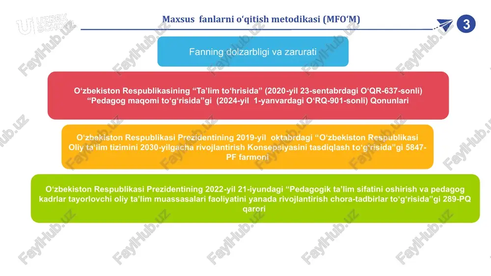 dqiqot ishlarini tashkil etish bosqichlarimetodlari 1-anqlovchi bosqich ilmiy-nazariy, tarixiy, pedagogik - psixologik adabiyotlarni o‘rganish va tahlil etish 3-nazorat bosqichi sotsiologik so‘rovlar, kuzatuv, suhbat, pedagogik tajriba 2-shakllantiruvchi bosqich pedagogik eksperiment 8 maxsus fanlarni o‘qitish metodikasi (mfo‘m) n 9 maxsus fanlarni o‘qitish metodikasi (mfo‘m) o‘zbekiston respublikasining “ta’lim tog ‘risida”gi qonuniga muvofiq ta’lim sohasidagi asosiy prinsiplar quyidagilardan iborat: ta’lim ustuvorligining tan olinishi; ta’lim olish shaklini tanlash erkinligi; ta’lim sohasida kamsitishlarga yo‘l qo‘yilmasligi; ta’lim olishga doir teng imkoniyatlarning ta’minlanishi; ta’lim va tarbiyaga milliy hamda umuminsoniy qadriyatlarning singdirilganligi; ta’lim va tarbiyaning insonparvarlik, demokratik xususiyati; ta’limning uzluksizligi va izchilligi; o‘n bir yillik ta’limning hamda olti yoshdan yetti yoshgacha bo‘lgan bolalarni bir yil davomida umumiy o‘rta ta’limga tayyorlashning majburiyligi; davlat ta’lim standartlari va davlat ta’lim talablari doirasida ta’lim olishning hamma uchun ochiqligi; o‘quv dasturlarini tanlashga doir yondashuvning yagonaligi va tabaqalashtirilganligi; insonning butun hayoti davomida ta’lim olishi; jamiyatda pedagoglarni ijtimoiy himoya qilishning kafolatlanganligi; ta’lim tizimining dunyoviy xususiyatga egaligi; …