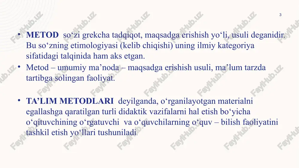 tahkamlash va nazorat qilish metodlari 8 ta’limning binar metodlari o‘rgatish metodlari o‘rganish metodlari axboriy – ma’lumotli ijro etish (bajarish) tushuntirish reproduktiv ko‘rgazmali – amaliy ijodiy – amaliy tushuntirish – undovchi qisman izlanishli undovchi izlanishli 9 yaxlit yondashuv bo‘yicha ta’lim metodlari tasnifi o‘quv – bilish faoliyatini tashkil etish va amalga oshirish metodlari o‘quv – bilish faoliyatini motivatsiyalash va rag‘batlantirish metodlari o‘quv – bilish faoliyatini nazorat va o‘z–o‘zini nazorat qilish metodlari 10 o‘rganilayotganlarini o‘zlashtirishga da’vat qilish metodlari yangi materialni anglash metodlari o‘rganilganlarini fikrlashga imkon beruvchi metodlar erkin yozish. klaster. aqliy hujum. b – b – b chizmasi. chalkashtirilgan mantiqiy zanjirlar ketma – ketligi. semantik xususiyatlar tahlili. b–b–b chizmasi. o‘qitish bo‘yicha qo‘llanma. bir-biriga o‘rgatish. bir-biridan so‘rash. ikki qismli kundaliklar. eng asosiy tushunchalar takrorlash. t–chizma. konseptual jadval. venn diagrammasi. nilufar guli. besh minutlik esse. o‘n minutlik esse. 11 interfaol metodlar ta’lim vositalari – o‘quv materialini ko‘rgazmali taqdim etish va o‘qitish samaradorligini oshiruvchi yordamchi materiallar …