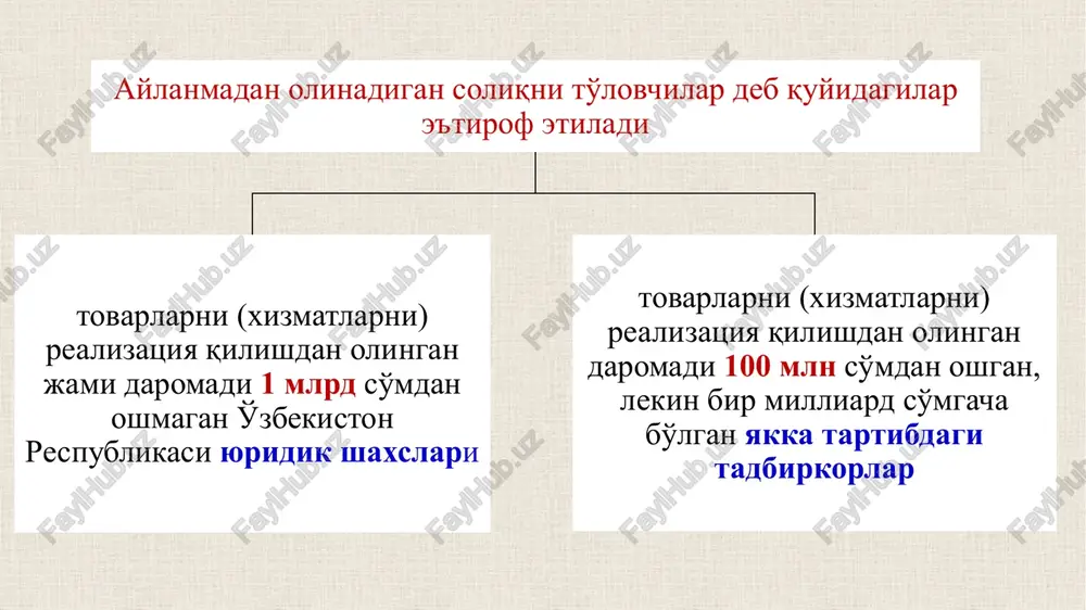 qamiz: markazlashtirilgan moliyalashtirish manbalari hisobidan joriy va kapital ta'mirlashni amalga oshirish (1-holat) yangi qurilishni amalga oshirish (2-holat) ya'ni, joriy va kapital ta'mirlash markazlashtirilgan yoki markazlashtirilmagan moliyalashtirish asosida bo'lishidan qat'iy nazar (1-holat) amalga oshirilayotgan ish qiymati 1 mlrd.so'mgacha bo'lsa aylanmadan olinadigan soliq to'laydi amalga oshirilayotgan ish qiymati 1 mlrd.so'mdan yuqori bo'lsa qqs va foyda soliqlarini to'laydi yangi qurilishi (2-holat) markazlashtirilgan moliyalashtirish asosida amalga oshirilsa, faqat qqs va foyda solig'i to'laydi markazlashtirilmagan moliyalashtirish asosida amalga oshirilsa amalga oshirilayotgan ish qiymati 1 mlrd.so'mgacha bo'lsa aylanmadan olinadigan soliq to'laydi amalga oshirilayotgan ish qiymati 1 mlrd.so'mdan yuqori bo'lsa qqs va foyda soliqlarini to'laydi masalan: korxona joriy va kapital ta'mirlash ishlarini bajaradi. u aylanmadan olinadigan soliq to'lovchisi bo'lib hisoblanadi. 2024 yil uchun korxona maktabni joriy ta'mirlash uchun 800 mln.so'mlik (qqs siz) shartnomani imzoladi. korxonani soliq to'lash tartibi o'zgaradimi? ya'ni qqs va foyda solig'i to'lashga o'tadimi? javob: yo'q o'zgarmaydi. sababi, korxonaning aylanmasi 1 mlrd.so'mdan kam. shuning uchun …