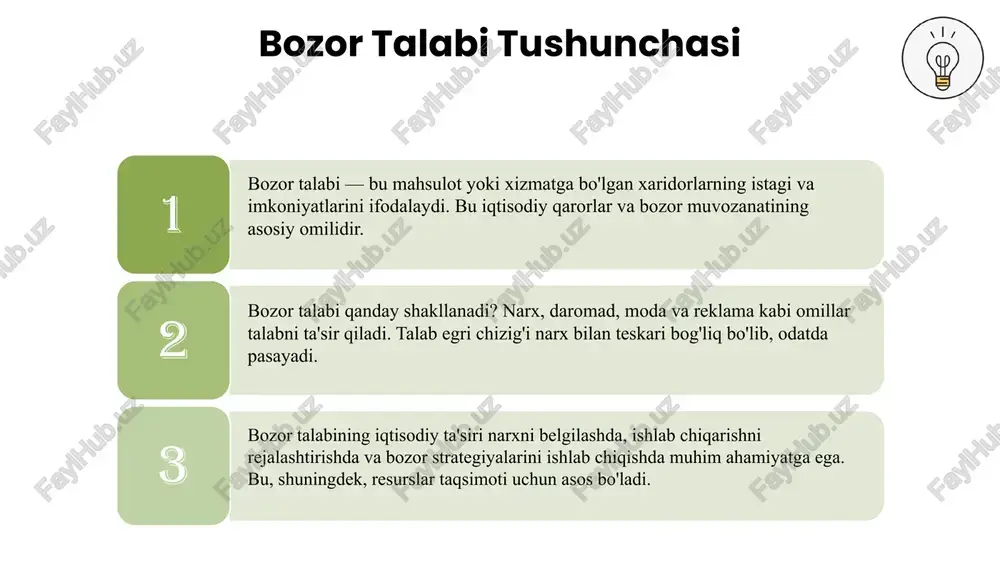 ojlanishda muhim rol o'ynaydi. bozor talabining shakllanishi va aniqlash usullari iqtisodiy strategiyalar uchun asos bo'lib, xususiy talab esa ishlab chiqarish va innovatsiyalarni rivojlantiradi. ular bozor narxlari va iqtisodiy barqarorlik bilan bog'liq. xususiy talab va bozor talabi o'rtasidagi farqlar, ularning iqtisodiy strategiyalardagi roli va iqtisodiy o'sishga ta'siri muhim ahamiyatga ega. xulosa qilib, bu talab turlari iqtisodiy rivojlanish uchun muhim bog'lanishlarni tashkil etadi. foydalanilgan adabiyotlar 1. o‘zbekiston respublikasi moliya vazirligi. iqtisodiy nazariya va amaliyot. toshkent: adabiyot va san'at nashriyoti, 2020. 2. shodmonov, a. iqtisodiy qarorlar va talab funktsiyalari. toshkent: fan va ta'lim nashriyoti, 2019. 3. islomov, b. bozor mexanizmlari va talab tushunchasi. toshkent: o‘zbekiston davlat universiteti nashriyoti, 2018. 4. qodirov, r. iqtisodiyot va strategik rejalashtirish. toshkent: iqtisodiyot va menejment nashriyoti, 2021. 5. yusufov, m. xususiy talab va bozor talabi: nazariy va amaliy jihatlar. toshkent: o‘zbekiston respublikasi ilmiy- tadqiqot instituti, 2022. e'tiboringiz uchun rahmat! xususiy talab va bozor talabi reja bozor talabi tushunchasi …