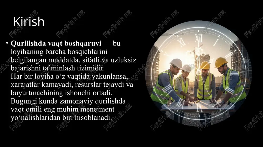 ngilanadi. nazorat jarayoni – loyiha boshqaruvining yuragi. xulosa qurilishda vaqt boshqaruvi — bu samarali menejmentning asosi. to‘g‘ri tuzilgan ish jadvali qurilishni muddatida, sifatli va iqtisodiy jihatdan foydali bajarishga yordam beradi. demak, vaqt – bu qurilishdagi eng qimmatli resursdir! foydalanilgan adabiyotlar 1)turabov m., akramov n. — qurilish menejmenti asoslari 2)o‘zbekiston respublikasi qurilish vazirligi me’yorlari (o‘sn 1.02.01-18) 3)pmbok guide — project management body of knowledge 4)internet manbalari: construction management portal, project scheduling e’tiboriz uchun katta rahmat image1.png image2.png image3.png image4.png image5.png image6.png image7.png image8.png image9.png image10.png image11.png image12.png image13.png image14.png image15.png /docprops/thumbnail.jpeg