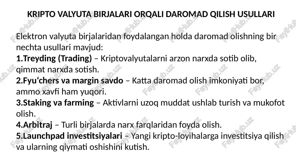 lar o‘zaro juftlik hosil qiladi: ✅ eur/gbp – yevro / funt sterling ✅ eur/aud – yevro / avstraliya dollari ✅ gbp/jpy – funt sterling / yapon iyeni ✅ aud/jpy – avstraliya dollari / yapon iyeni ✅ eur/chf – yevro / shveytsariya franki bu juftliklar rivojlanayotgan mamlakatlar valyutalaridan iborat bo‘lib, odatda katta spred va past likvidlikka ega: ✅ usd/try – aqsh dollari / turkiya lirasi ✅ eur/mxn – yevro / meksika pesosi ✅ usd/zar – aqsh dollari / janubiy afrika rendi ✅ gbp/sgd – funt sterling / singapur dollari kichik juftliklar (minor pairs) – aqsh dollarisiz valyuta juftliklari egzotik juftliklar (exotic pairs) – rivojlanayotgan mamlakat valyutalari bilan ➡️ xususiyatlari:o‘rtacha likvidlik, spred yuqoriroq bo‘lishi mumkin, kamroq savdo qilinadi ➡️ xususiyatlari:volatilitet yuqori, spred kengroq, rivojlanayotgan iqtisodiy mamlakatlar ta’sirida bo‘ladi ➡️ xususiyatlari: kam spred (foiz farqi), yuqori likvidlik va past volatillik, katta hajmda savdo qilinadi savdo qanday amalga oshiriladi? forexda siz valyuta juftligini sotib …