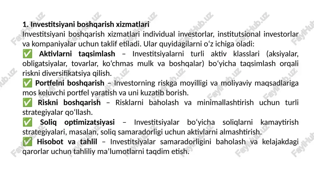 0,20% atrofida, shu jumladan asosiy fondlar xarajatlari. : $100 vanguardning life-cycle investing modeliga asoslangan shaxsiylashtirilgan portfellar. passiv boshqariladigan etflardan iborat diversifikatsiyalangan portfellar. mijozlar uchun moliyaviy rejalashtirish vositalari va maqsadga yo'naltirilgan strategiyalar. 2 fidelity go aqsh $10,000 gacha bo'lgan hisoblar uchun bepul; $10,000 dan yuqori hisoblar uchun yillik 0,35% $10 foydalanuvchilarga moslashtirilgan portfel yaratish. portfelni avtomatik balanslash va qayta investitsiya qilish. foydalanish uchun qulay interfeys va moliyaviy rejalashtirish vositalari. 3 betterment aqsh yillik 0,25% boshqaruv to'lovi - maqsadga yo'naltirilgan moliyaviy rejalashtirish vositalari. avtomatik portfel balanslash va soliqqa samarali strategiyalar. ijtimoiy mas'uliyatli investitsiya variantlari. robo-maslahatchining faoliyat sohalari investitsiya va aktivlarni boshqarish portfel yaratish va avtomatik balanslash. diversifikatsiyalangan investitsiyalarni tanlash. riskni baholash va shaxsiylashtirilgan investitsiya strategiyalarini ishlab chiqish. etf (birjada savdoga qo‘yilgan fondlar) va aksiyalarni avtomatik sotib olish va sotish. moliyaviy rejalashtirish va maslahat berish byudjet va xarajatlarni boshqarish. nafaqa va pensiya jamg‘armalarini rejalashtirish. kredit va qarzlarni boshqarish bo‘yicha maslahatlar. soliq optimallashtirish strategiyalari. …