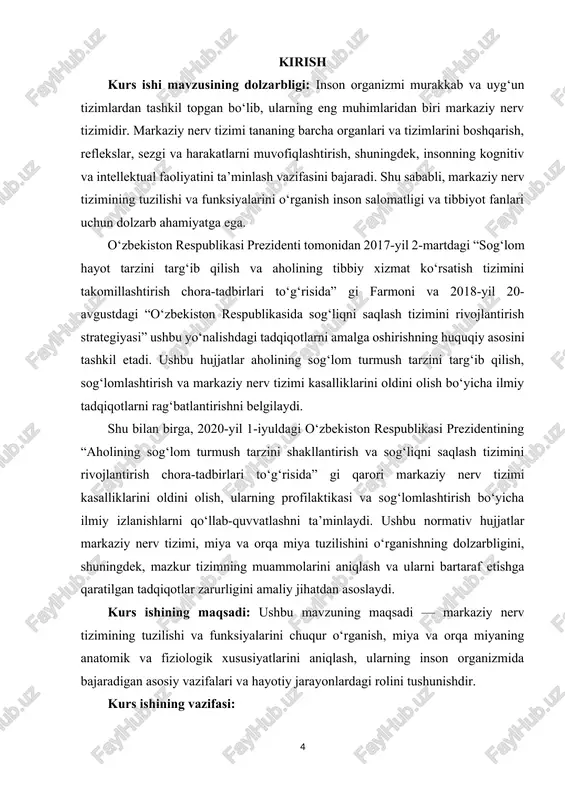 nksiyalarini o‘rganish orqali nevrologiya, fiziologiya, psixologiya va maxsus pedagogika sohalarida diagnostika, davolash va reabilitatsiya ishlarini samarali olib borish. · organizmning integratsiyalashgan ishlashini tushunish – miya va orqa miyadagi neyron tarmoqlari orqali harakatlar, hissiyotlar, ong va xotira jarayonlarini boshqarish mexanizmini o‘rganish va bu bilimni biologik va tibbiy amaliyotlarda qo‘llash. kurs ishining predmeti: markaziy nerv tizimining anatomik va fiziologik xususiyatlari, miya va orqa miyaning tuzilishi, ularning nerv impulslarini uzatish, reflekslarni boshqarish va tananing turli organlari bilan o‘zaro aloqasini ta’minlashdagi rolidir. kurs ishining obyekti: nerv tizimining normal ishlashini ta’minlovchi strukturaviy elementlar va mexanizmlarga, shu jumladan miya bo‘limlari, orqa miya segmentlari va ularni himoya qiluvchi mexanizmlarga qaratilgan. kurs ishining tarkibiy tuzilmasi: ushbu kurs ishi kirish qism, 3 ta bob, 9 ta reja, xulosa va foydalanilgan adabiyotlardan tashkil topgan. i.bob. markaziy nerv tizimi va uning asosiy qismlari 1.1. markaziy nerv tizimi tushunchasi va funksiyalari markaziy nerv tizimi inson tanasining eng murakkab va muhim tizimlaridan biri …