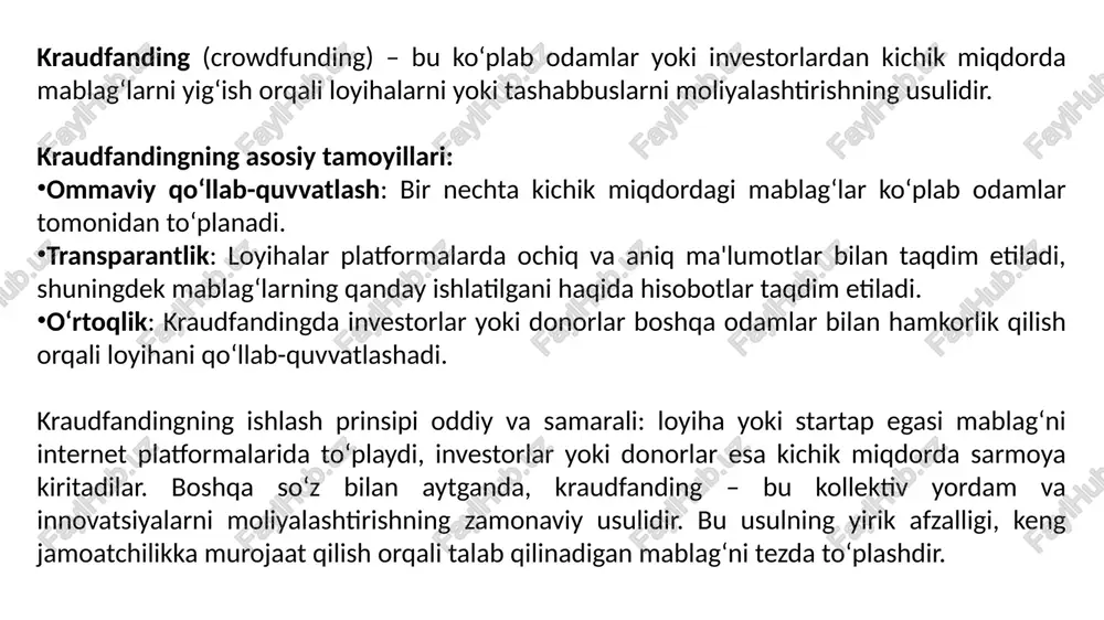 mahsulotni taqdim etish orqali, investorlar yoki potentsial mijozlar tomonidan qiziqish darajasi o‘lchanadi. bu, mahsulot yoki xizmatni bozorda muvaffaqiyatli sotish imkoniyatini oshiradi. raqobatbardosh daromad olish imkoniyati: investorlar uchun yangi va yuqori daromad olish imkoniyatlari ochiladi, chunki ular yangi va innovatsion loyihalarga sarmoya kiritishlari mumkin. kam xarajatli reklama va marketing: kraudfanding kampaniyasi orqali loyihani targ‘ib qilishda samarali reklama va marketing imkoniyatlari yaratiladi. raqobat: ko‘plab loyihalar va startaplar kraudfanding platformalarida joylashgan, bu esa har bir loyiha uchun mablag‘ yig‘ishni qiyinlashtirishi mumkin. mablag‘ yig‘ish uchun muvaffaqiyatga erishish: kraudfandingda muvaffaqiyatga erishish uchun, loyiha yoki mahsulotni to‘g‘ri targ‘ib qilish va yetarli qiziqish yaratish zarur. har bir loyiha kerakli miqdordagi mablag‘ni yig‘ishga muvaffaqiyatli bo‘lmasligi mumkin. yuridik va soliq masalalari: kraudfandingda qatnashish ba'zi yuridik va soliq masalalarini keltirib chiqarishi mumkin. investorlar va loyiha egalari uchun soliq, qonuniy ruxsatlar va shartnoma masalalarini hal qilish zarur. tashabbusning muvaffaqiyatsizligi: agar loyiha muvaffaqiyatsiz bo‘lsa, investorlar yoki donorlar pulni qaytarib olish imkoniyatiga ega …
