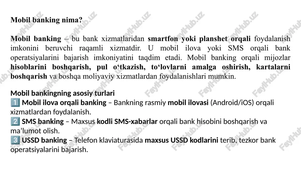 talariga ega bo’lganda onlayn konversiya amaliyotlarni o'tkazish; kartadan kartaga o'tkazmalarni amalga oshirish; odatda amalga oshiriladigan to’lovlar bo’yicha shablonlar shakllantirish va to’lovlarni qulay amalga oshirish; muayyan sanalarda amalga oshirilishi lozim bo’lgan takrorlanuvchi ayrim to’lovlar ijrosini avtomatik bo’lishini sozlamalar orqali belgilab qo’yish; pul manlag’lari harakati bo’yicha to’lov topshiriqnomalari kvitansiyasini yuklab olish; bank kartasi orqali amalga oshirilgan operatsiyalar haqida ma'lumotnoma olish; onlayn-do'konlarda xaridlarni amalga oshirish; kredit olish, kreditlarni so'ndirish, omonatlarga mablag' qo'yish va ular bo’yicha daromadlarni qabul qilish; xalqaro pul o'tkazmasini olish va yuborish, ya’ni “zolotaya korona” kabi xalqaro pul o’tkazmalari xizmatlardan foydalanish; yhxbb jarimalarini to'lash; bank kartasini ochish bo’yicha ariza yuborish, bank kartasini bloklash va blokdan yechish, kerakli vaqtda kartalar pin kodlarini o’zgartirish hamda bank kartasining amal qilish muddatini uzaytirish; va shu kabi boshqa mobil xizmatlardan foydalanish. onlayn va mobil banking ilovalarining bir qancha afzalliklari mavjud: quyidagi xizmatlarga oson kirish: mobil banking ilovalari orqali bank hisobingizga har qanday vaqtda, hatto tunda ham …