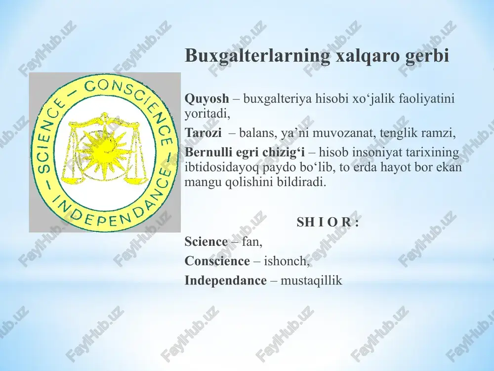 arish jarayonini normal amalga oshirish uchun kerakli sharoitlar yaratib, uni to‘g‘ri tashkil etishga yordam beradi. mehnat buyumlari mahsulot tayyorlanadigan boshlang‘ich materialdan iborat. ularga xom ashyo va materiallar, yarim tayyor mahsulotlar va tugalanmagan ishlab chiqarishlar kiradi. shu guruhga yordamchi materiallar va yoqilg‘ilar ham kiradi. barcha mehnat vositalarining umumiyligi shundan iboratki, ular faqat birgina ishlab chiqarish jarayonida iste’mol qilinib, o‘zlarining qiymatini tayyorlanayotgan mahsulot tanarxiga butunlay o‘tkazadi. mablag‘lar (aktiv) uzoq muddatli aktivlar joriy (mablag‘lar) aktivlar pul mablag‘lari kapital qo‘yilma va boshqalar uzoq muddatli investisiyalar nomoddiy aktivlar joriy hisob – kitobdagi mablag‘lar asosiy vositalar tovar-moddiy zahiralar qisqa muddatli moliyaviy qo‘yilmalar mablag‘lar manbalari (passiv) ustav kapitali qisqa muddatli qarzlar kelgusi xarajatlar va to‘lovlar uchun zaxiralar rezerv kapital uzoq muddatli qarzlar o‘z mablag‘lari manbalari majburiyatlar qo‘shilgan kapital sotib olingan xususiy aktsiyalar taqsimlanmagan foyda maqsadli tushumlar aktiv summa passiv summa asosiy vositalar 1 200 000 ustav kapitali 1 250 000 tovar-moddiy zahiralar 600 000 taqsimlanmagan foyda 450 …