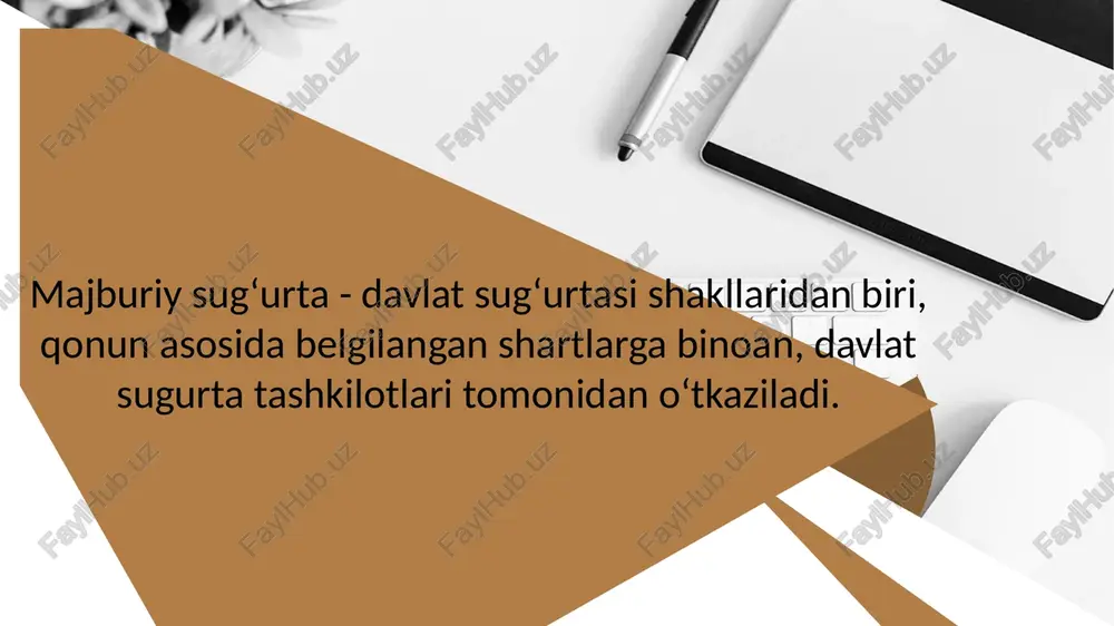 sug'urta qilish) shartnomasida belgilangan hollarda hamda tartibda rad etish, sug'urta (qayta sug'urta qilish) shartnomasini muddatidan ilgari bekor qilish; sign sug'urta qildiruvchi tomonidan taqdim etilgan axborotni tekshirishni, sug'urta qildiruvchining sug'urta shartnomasi talablari va shartlarini bajarishi ustidan nazoratni sug'urta (qayta sug'urta qilish) shartnomasida nazarda tutilgan tartibda amalga oshirish. 11 sug'urtalovchi majburiyatlari: sug'urta faoliyati to'g'risidagi qonun hujjatlari talablariga rioya etishi; sug'urta faoliyatini amalga oshirish chog'ida olingan axborotning maxfiyligini qonun hujjatlari talablariga muvofiq ta'minlashi; qonun hujjatlarida belgilangan axborotni maxsus vakolatli davlat organining talabiga binoan taqdim etishi; 12 sug'urta hodisasi yuz bergan taqdirda, qonun hujjatlarida yoki sug'urta (qayta sug'urta qilish) shartnomasida nazarda tutilgan muddatlarda barcha zarur hisob-kitoblarni amalga oshirishi va sug'urta tovoni (sug'urta puli) to'lashi; nomi, tashkiliy-huquqiy shakli yoki joylashgan eri o'zgargan taqdirda, bu haqdagi axborotni sug'urta qildiruvchilarga qonunda belgilangan tartibda etkazishi; sug'urtalovchining zimmasida qonun hujjatlariga muvofiq boshqa majburiyatlar ham bo'lishi mumkin. 13 sug'urta qildiruvchi quyidagi huquqlarga ega: majburiy sug'urta shartnomasini tuzish uchun sug'urtalovchini tanlash; …