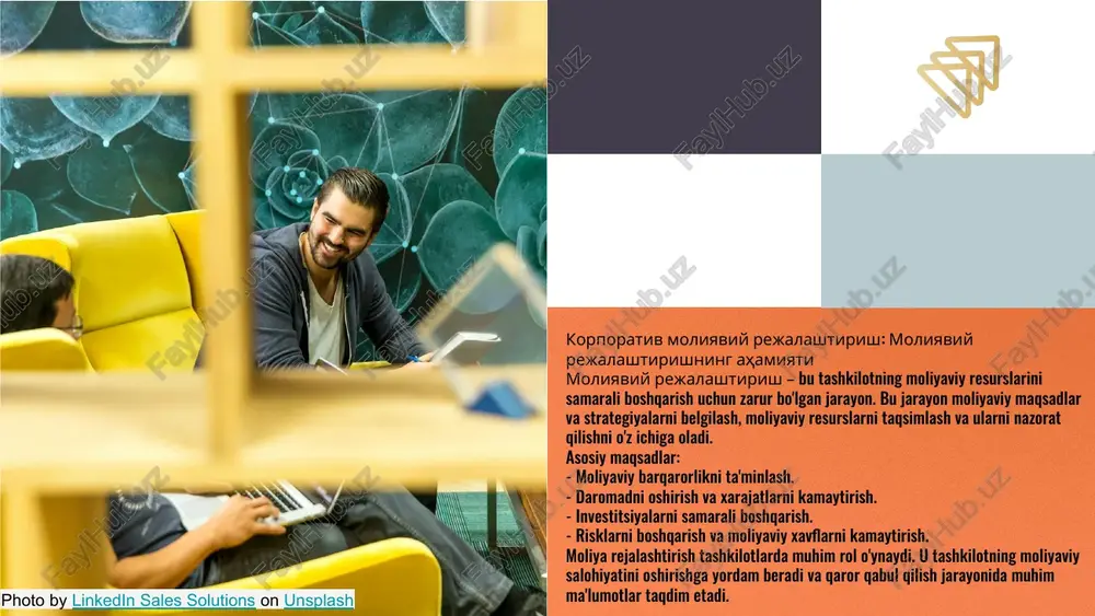 y maqsadlariga erishishi uchun muhimdir. ushbu usullarning maqsadi moliyaviy resurslarni optimallashtirish, xarajatlarni kamaytirish va investitsiyalarni samarali boshqarishdan iborat. bular tashkilotning raqobatbardoshligini oshirishga va moliyaviy xavflarni kamaytirishga yordam beradi. korporativ moliyaviy rejalashtirish usullari: - strategik rejalashtirish - byudjet rejalashtirish - moliyaviy tahlil - investitsion rejalashtirish - xavf va foyda tahlili photo by linkedin sales solutions on unsplash uslublarning turlari uslublarning klassifikatsiyasi uchta asosiy kategoriyaga bo'linadi: strategik, taktik va operativ. strategik uslub uzoq muddatli maqsadlarni belgilaydi va resurslarni samarali taqsimlaydi. taktik uslub esa bu strategik maqsadlar uchun zarur bo'lgan qisqa muddatli tadbirlarni amalga oshirishga qaratilgan. operativ uslub kundalik jarayonlarni samarali boshqarishni maqsad qiladi. - strategik uslub: yangilik kiritish strategiyasi. - taktik uslub: mahsulotni yangilash taktikasini ishlab chiqish. - operativ uslub: kunlik operatsiyalarni optimallashtirish. uslublarning o'zaro farqlari shundan iboratki, strategik uslub uzoq muddatli rejalarni belgilaydi, taktik uslub esa bu rejalarni amalga oshirish uchun zarur bo'lgan aniq choralarni ko'radi. operativ uslub eng kam vaqtda …