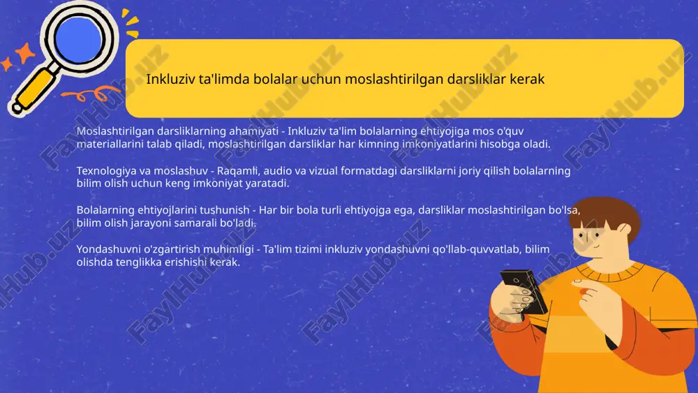 radi va bilimni mustahkamlaydi. 6 bolalarning qobiliyatlarini aniqlash uchun testlar o'tkazish kerak qobiliyatlarni aniqlashning maqsadi - testlar bolalarning individualliklarini aniqlash va ularning qobiliyatlar darajasini baholashda yordam beradi. bu jarayon rivojlanish imkoniyatlarini aniqlashni osonlashtiradi. test turlari - bolalar qobiliyatlarini baholash uchun intellektual testlar, harakatlar testi va ijodiy qobiliyat testlari qo‘llaniladi. har bir turning maqsadi va usullari boshqa-boshqa. natijalarni tahlil qilish - test natijalari puxta tahlil qilinib, bolalarning kuchli va zaif tomonlari aniqlanadi. bu kelajakda egallash mumkin bo‘lgan sohaga yo‘naltiradi. pedagog va ota-onalarning roli - pedagoglar va ota-onalar hamkorlikda bolalar qobiliyatlarini aniqlash va rivojlantirishda muhim o‘rin tutadi. bu uslub yaxlit yondashuvni ta’minlaydi. 7 oilalar bilan hamkorlikda ta'lim jarayonini tashkil etish muhim hamkorlikning ustuvorligi - oilalar bilan hamkorlik ta'lim sifatini oshiradi, bolalarning o'ziga ishonch va qobiliyatlarini rivojlantirishda yordam beradi. chunki oilalar bolaning asosi zaruratlarini eng yaxshi biladi. kommunikatsiyaning rolini e'tirof etish - oilalar va o'qituvchilar o'rtasida samarali muloqot ta'lim haqida umumiy tushunchalarni shakllantiradi. …